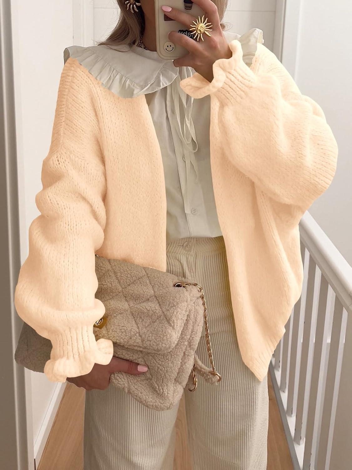 image:imageSaodimallsu Womens Oversized Open Front Cardigan Fall Ruffle Lantern Long Sleeve Chunky Knit Loose Sweater CoatsApricot