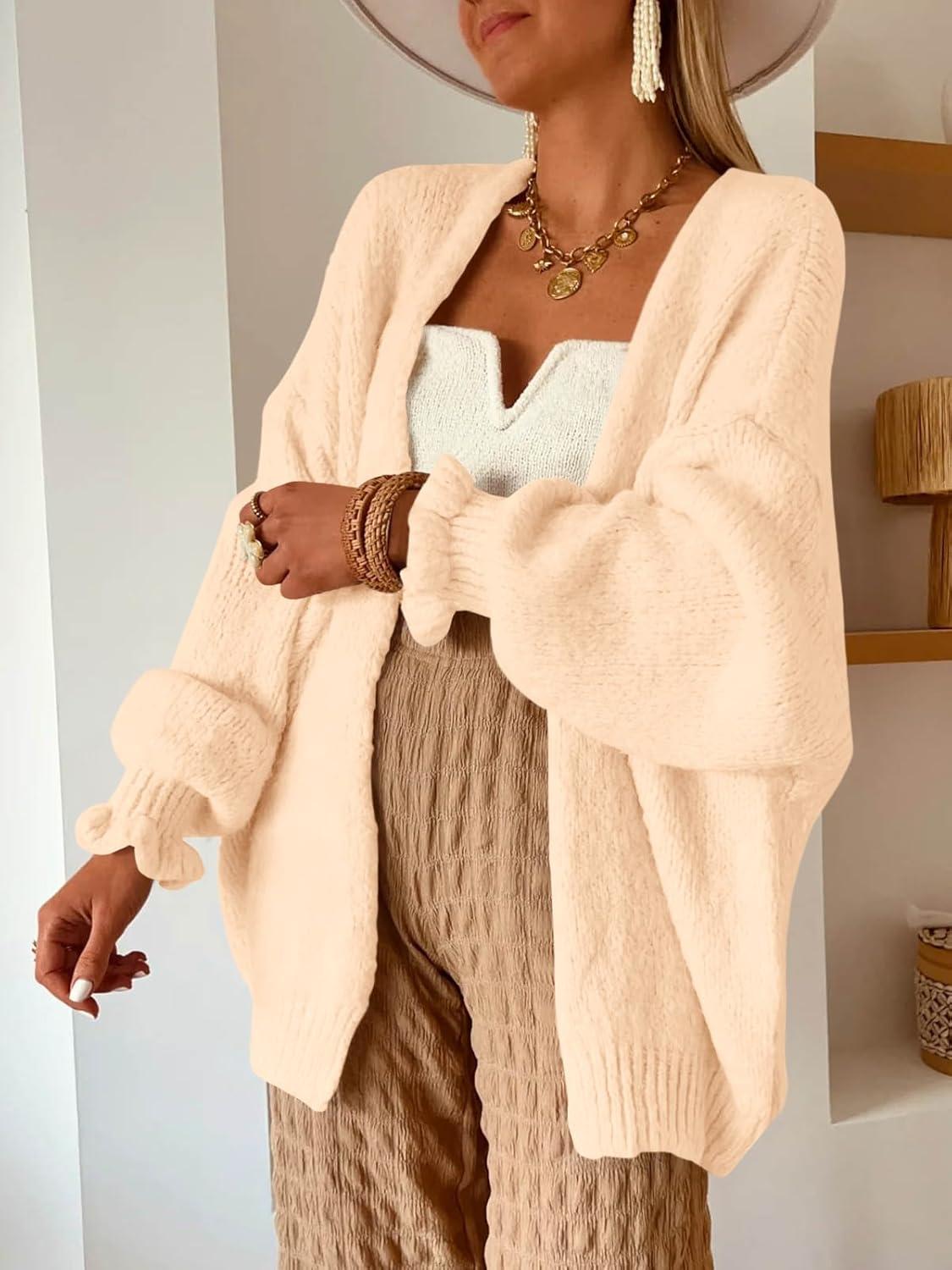image:imageSaodimallsu Womens Oversized Open Front Cardigan Fall Ruffle Lantern Long Sleeve Chunky Knit Loose Sweater CoatsApricot