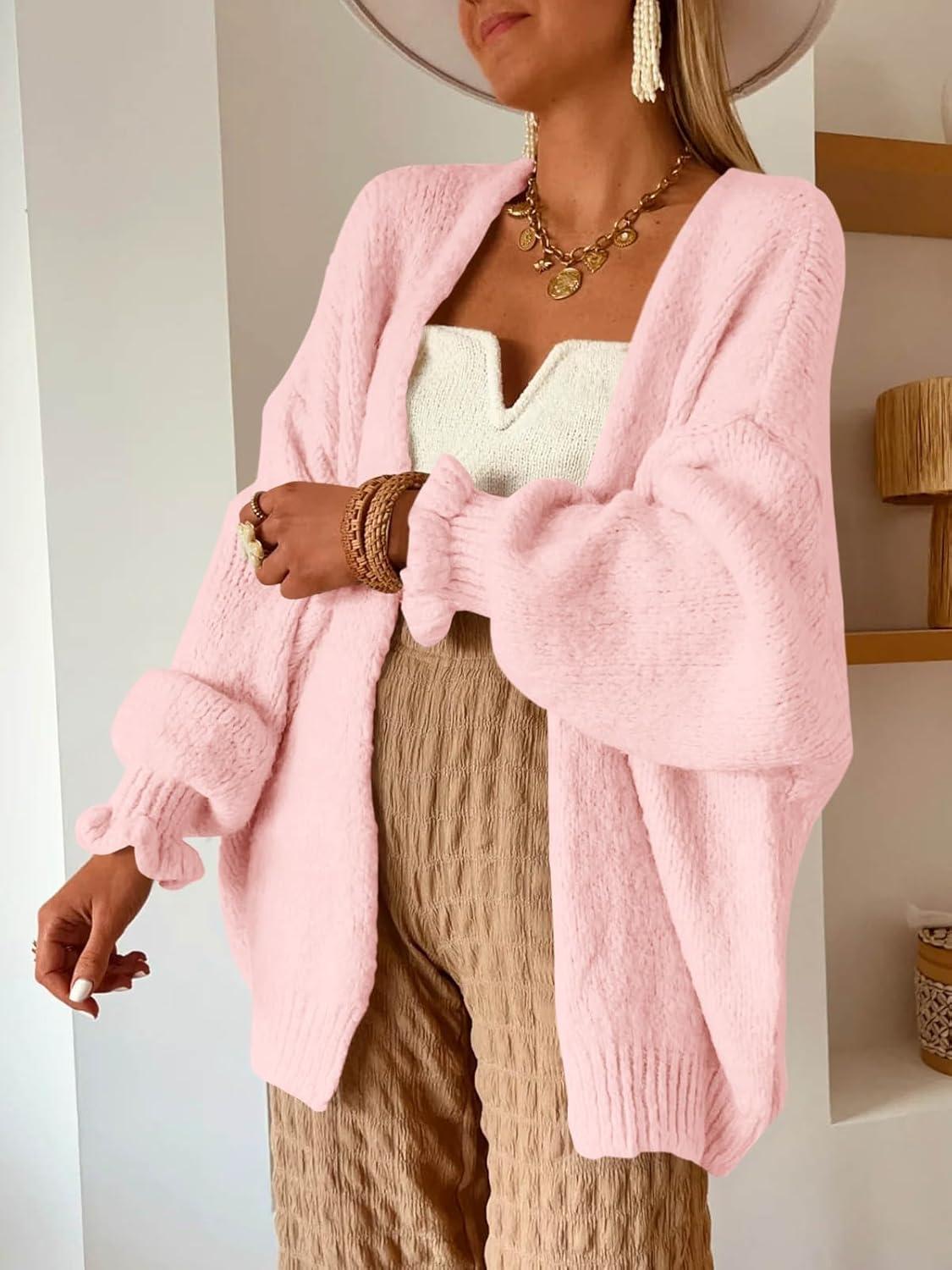 image:imageSaodimallsu Womens Oversized Open Front Cardigan Fall Ruffle Lantern Long Sleeve Chunky Knit Loose Sweater CoatsLight Pink