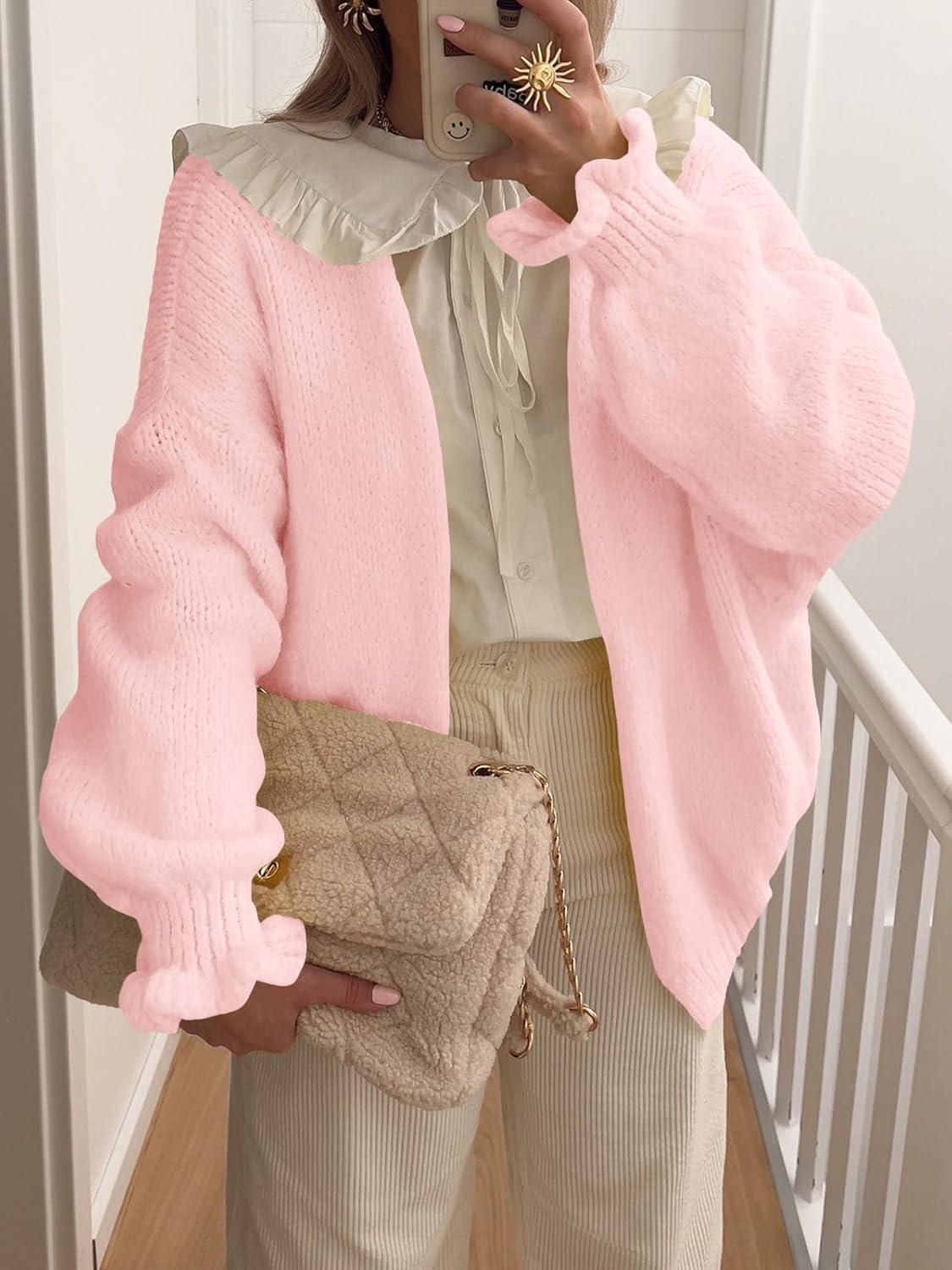 image:imageSaodimallsu Womens Oversized Open Front Cardigan Fall Ruffle Lantern Long Sleeve Chunky Knit Loose Sweater CoatsLight Pink