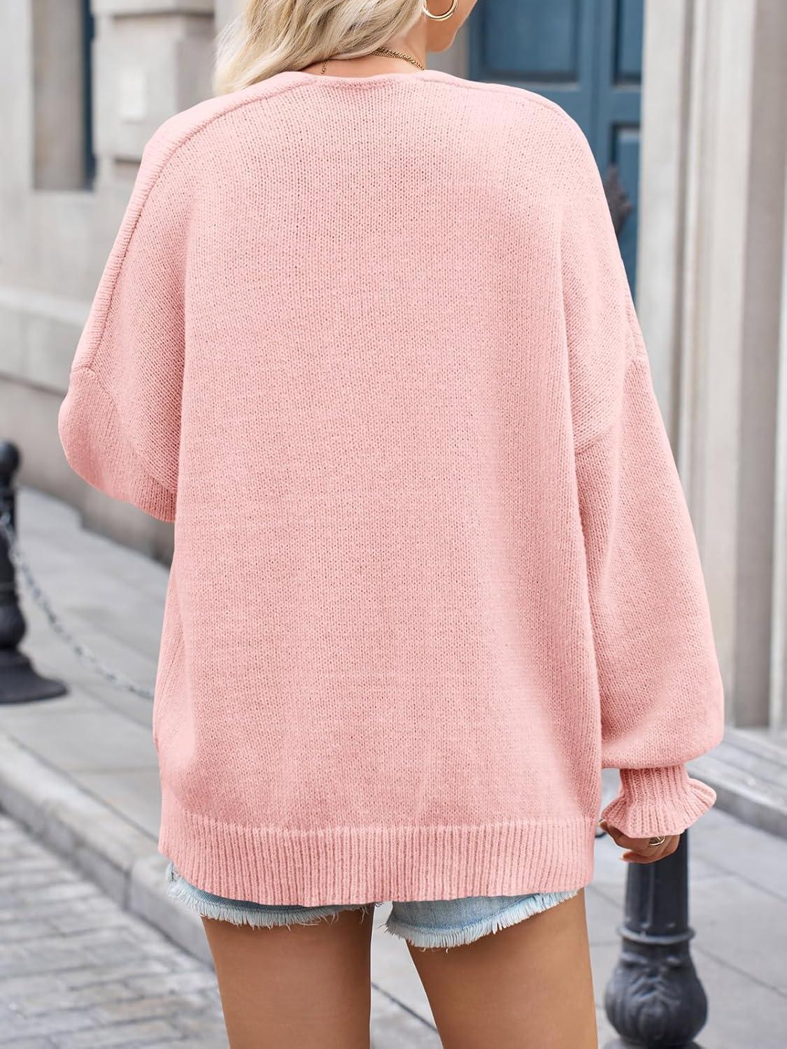 image:imageSaodimallsu Womens Oversized Open Front Cardigan Fall Ruffle Lantern Long Sleeve Chunky Knit Loose Sweater CoatsLight Pink
