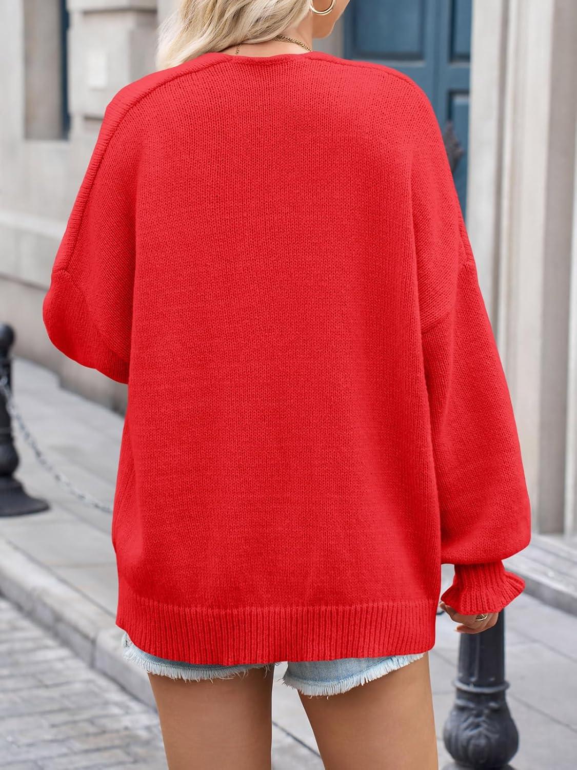 image:imageSaodimallsu Womens Oversized Open Front Cardigan Fall Ruffle Lantern Long Sleeve Chunky Knit Loose Sweater CoatsRed