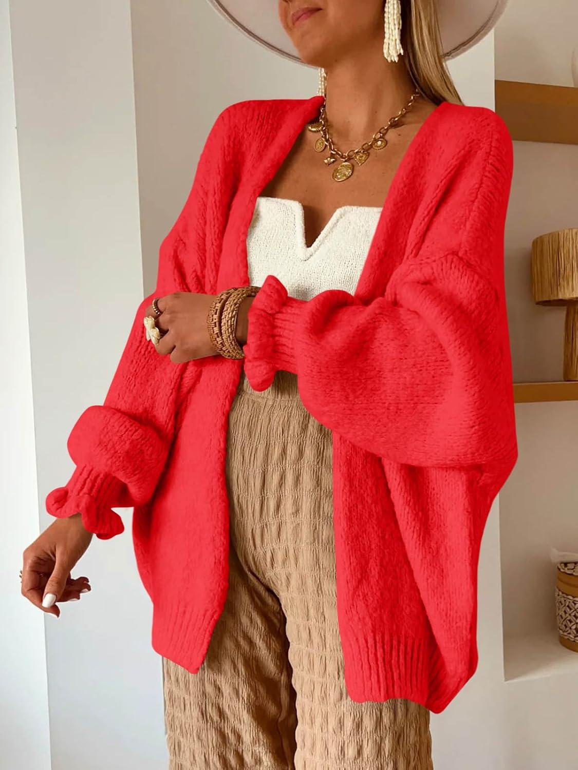 image:imageSaodimallsu Womens Oversized Open Front Cardigan Fall Ruffle Lantern Long Sleeve Chunky Knit Loose Sweater CoatsRed