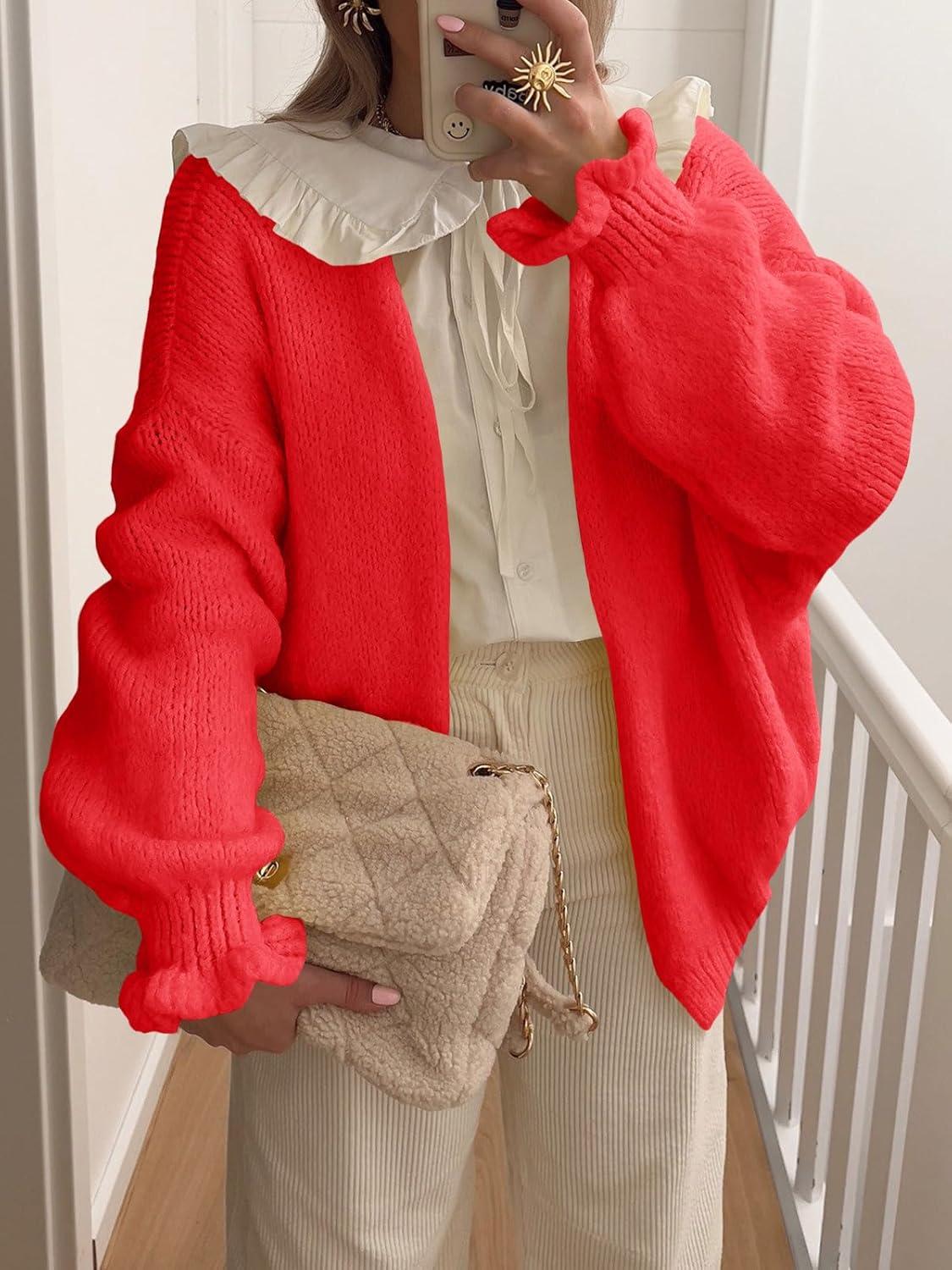 image:imageSaodimallsu Womens Oversized Open Front Cardigan Fall Ruffle Lantern Long Sleeve Chunky Knit Loose Sweater CoatsRed