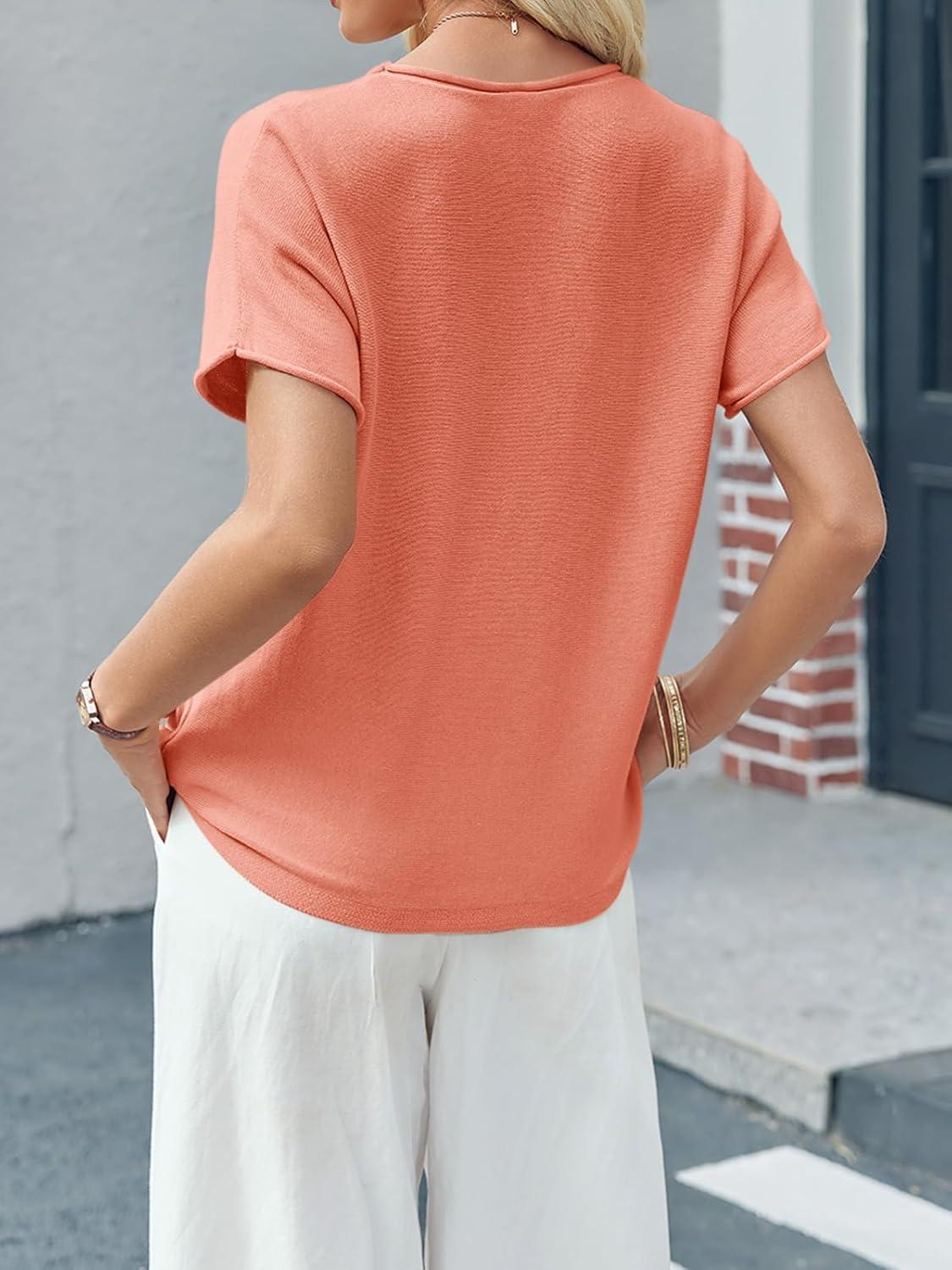 image:imageSaodimallsu Womens Short Sleeve Lightweight Casual Crewneck Loose Fit Knit TShirtOrange Red
