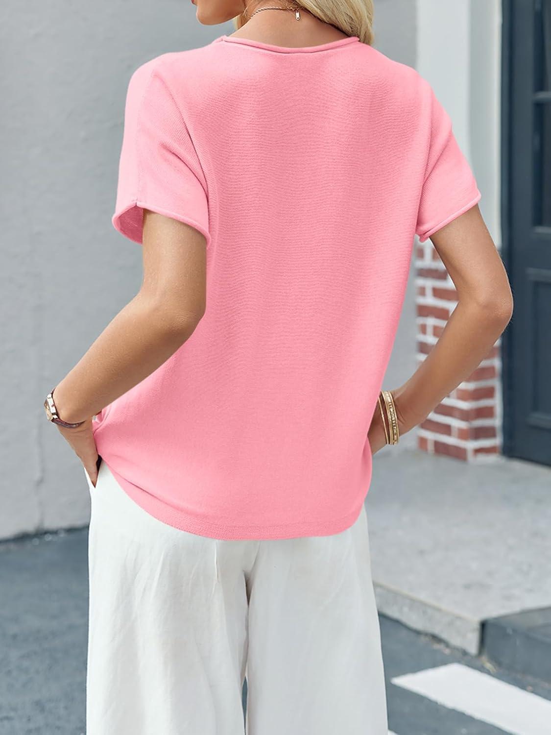 image:imageSaodimallsu Womens Short Sleeve Lightweight Casual Crewneck Loose Fit Knit TShirtPink
