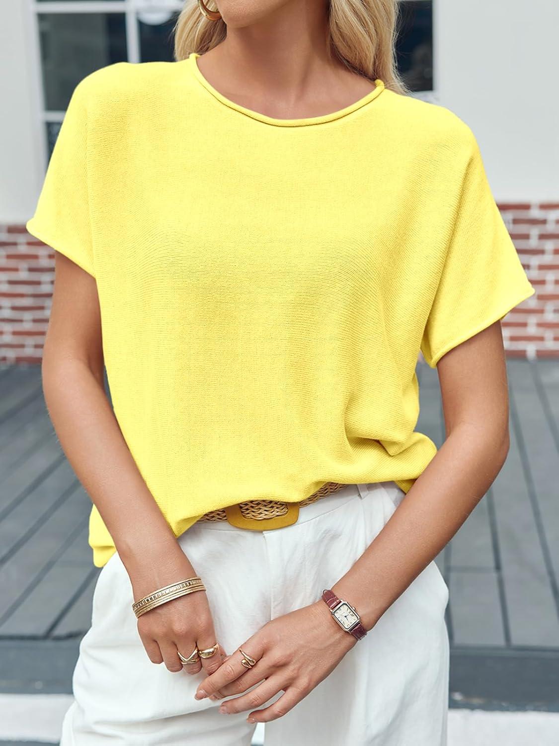 image:imageSaodimallsu Womens Short Sleeve Lightweight Casual Crewneck Loose Fit Knit TShirtYellow