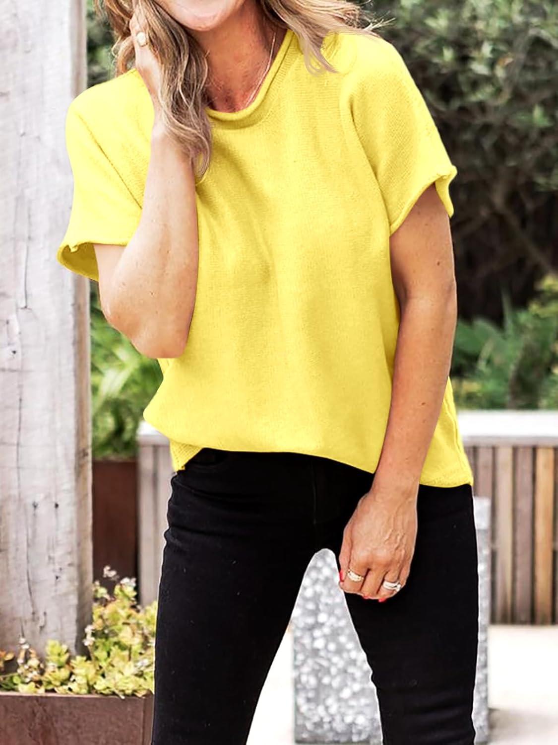 image:imageSaodimallsu Womens Short Sleeve Lightweight Casual Crewneck Loose Fit Knit TShirtYellow