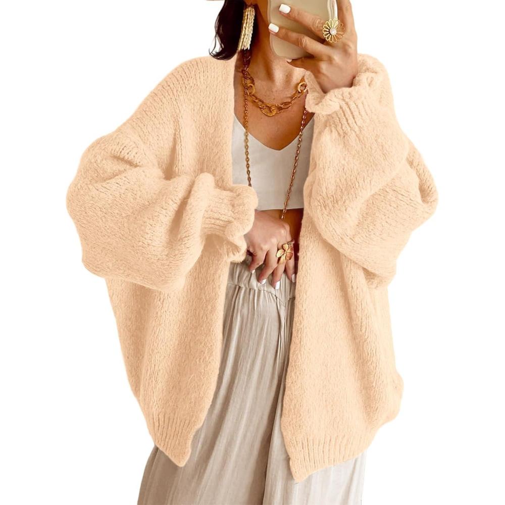 image:imageSaodimallsu Womens Oversized Open Front Cardigan Fall Ruffle Lantern Long Sleeve Chunky Knit Loose Sweater CoatsApricot