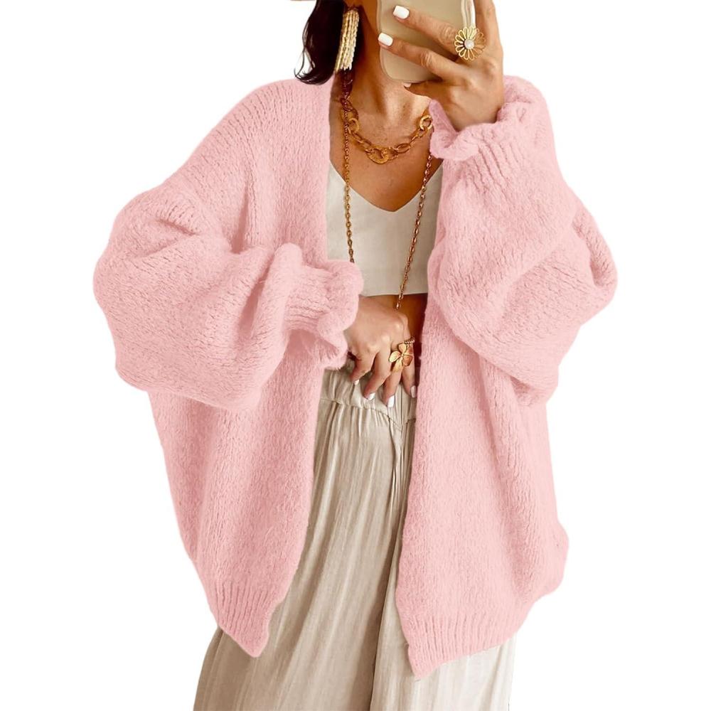 image:imageSaodimallsu Womens Oversized Open Front Cardigan Fall Ruffle Lantern Long Sleeve Chunky Knit Loose Sweater CoatsLight Pink
