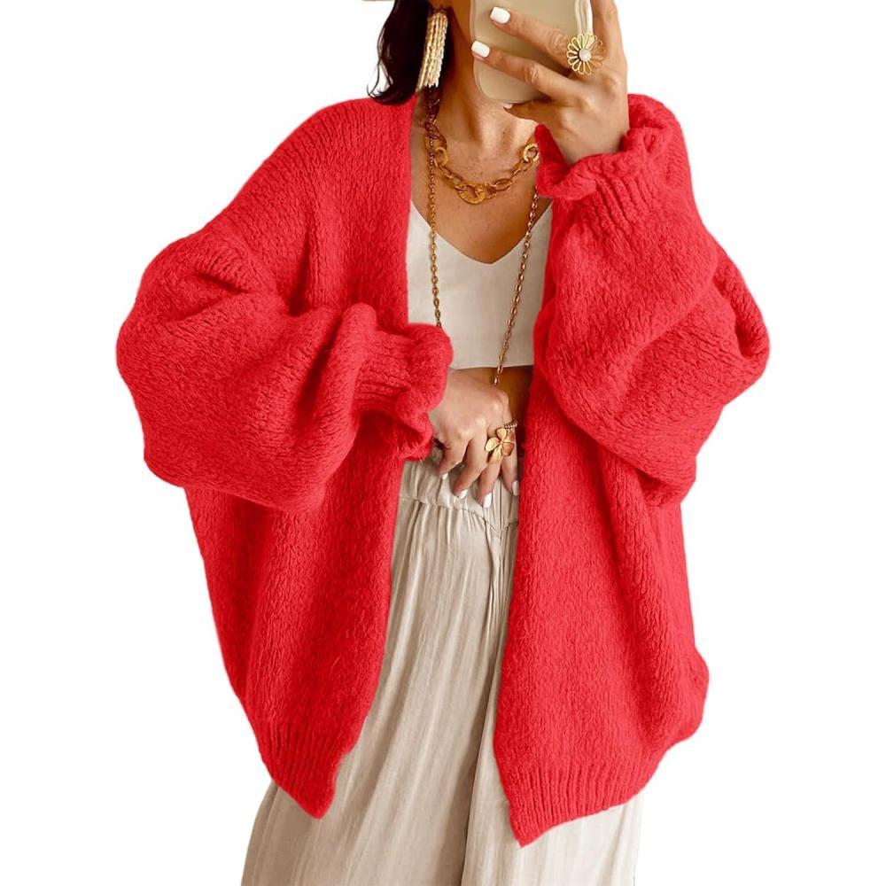 image:imageSaodimallsu Womens Oversized Open Front Cardigan Fall Ruffle Lantern Long Sleeve Chunky Knit Loose Sweater CoatsRed