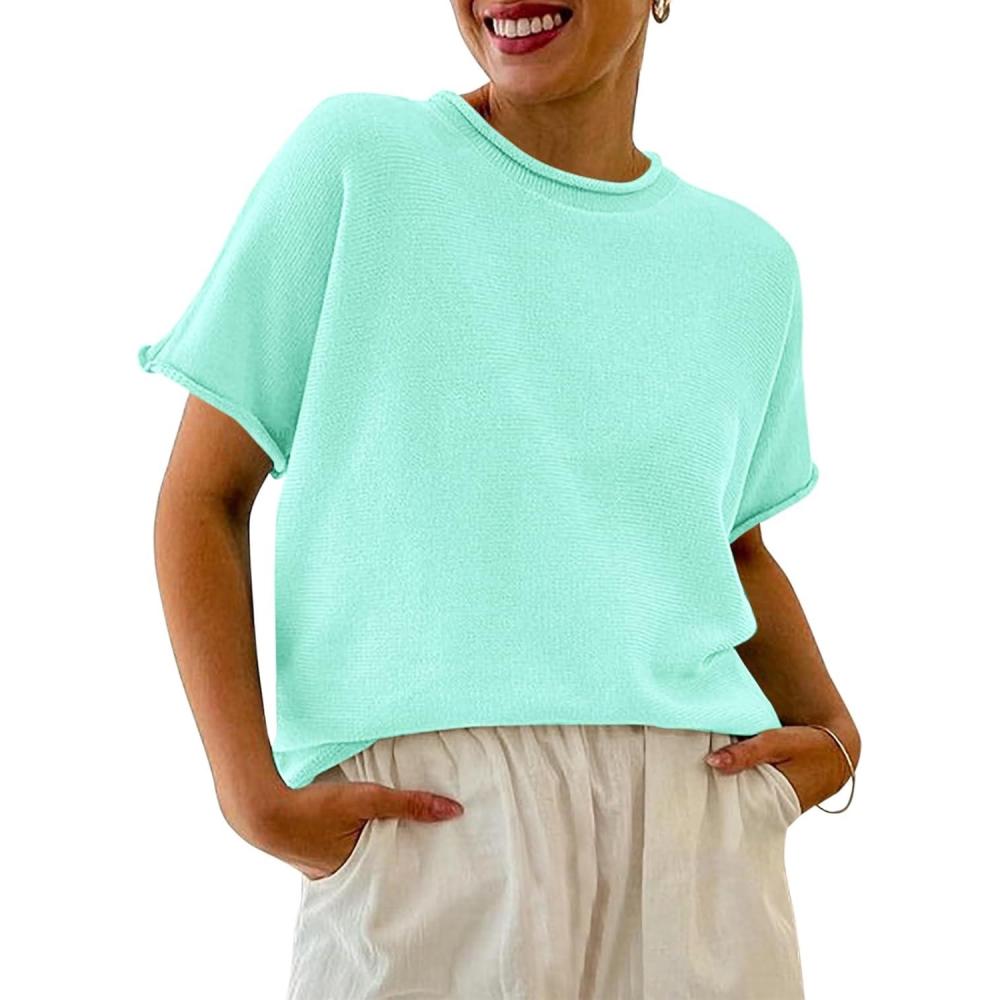 image:imageSaodimallsu Womens Short Sleeve Lightweight Casual Crewneck Loose Fit Knit TShirtMint