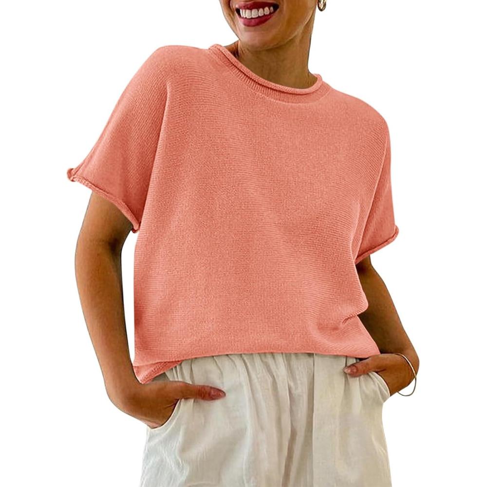 image:imageSaodimallsu Womens Short Sleeve Lightweight Casual Crewneck Loose Fit Knit TShirtOrange Red