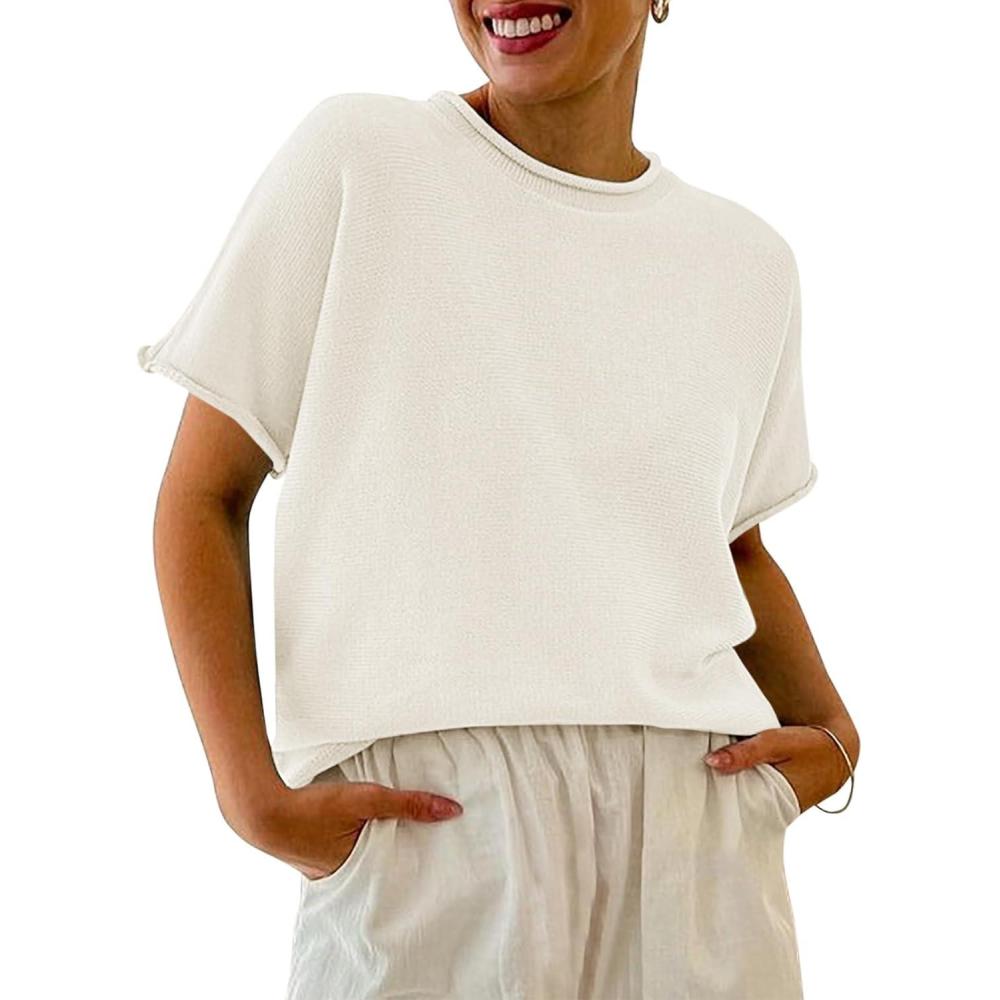 image:imageSaodimallsu Womens Short Sleeve Lightweight Casual Crewneck Loose Fit Knit TShirtWhite