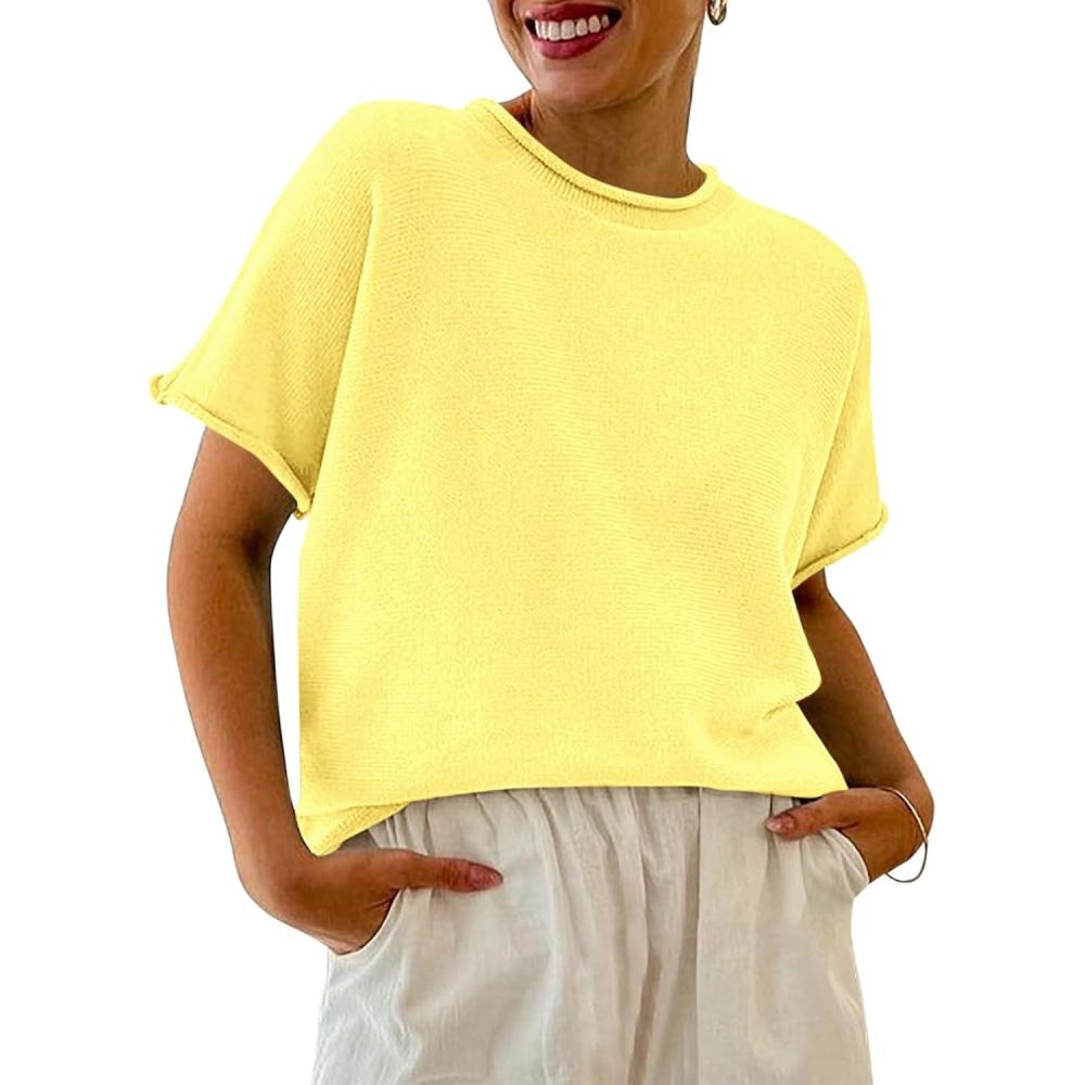 image:imageSaodimallsu Womens Short Sleeve Lightweight Casual Crewneck Loose Fit Knit TShirtYellow