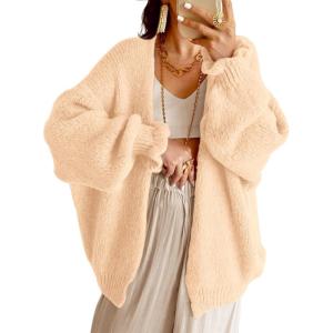 Saodimallsu Womens Oversized Open Front Cardigan Fall Ruffle Lantern Long Sleeve Chunky Knit Loose Sweater Coats(Apricot)