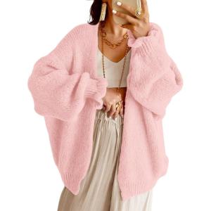 Saodimallsu Womens Oversized Open Front Cardigan Fall Ruffle Lantern Long Sleeve Chunky Knit Loose Sweater Coats(Light Pink)