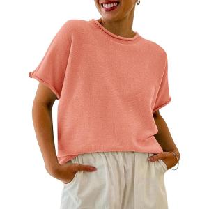 Saodimallsu Women’s Short Sleeve Lightweight Casual Crewneck Loose Fit Knit T-Shirt(Orange Red)