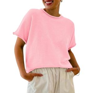 Saodimallsu Women’s Short Sleeve Lightweight Casual Crewneck Loose Fit Knit T-Shirt(Pink)