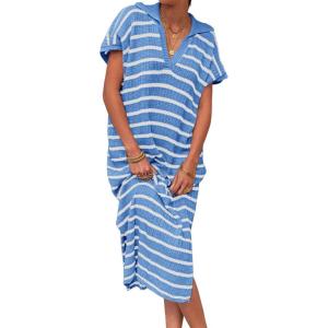 Saodimallsu Womens Striped Summer Dresses Short Sleeve V Neck Knit Collared Sexy Slit Loose Maxi Sweater Dress(White&blue)