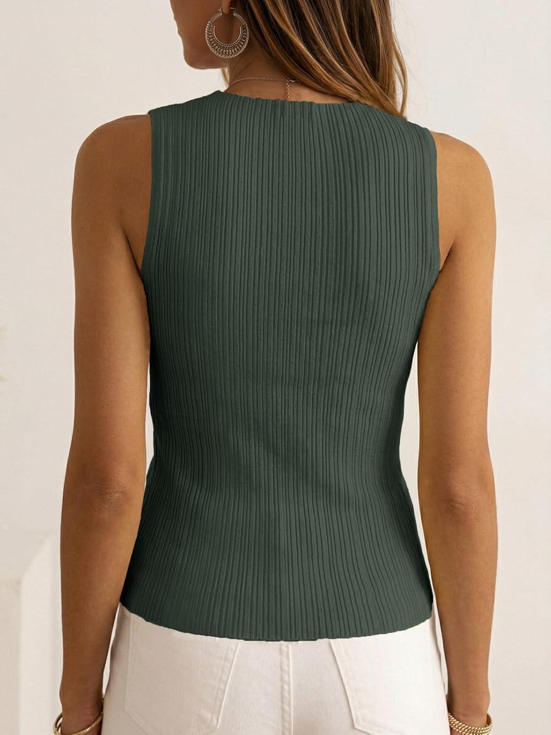 image:imageSaodimallsu Womens Sleeveless Sweater Vest 2026 Summer Crew Neck Ribbed Knit Slim Fitted Basic Tank TopsArmy Green