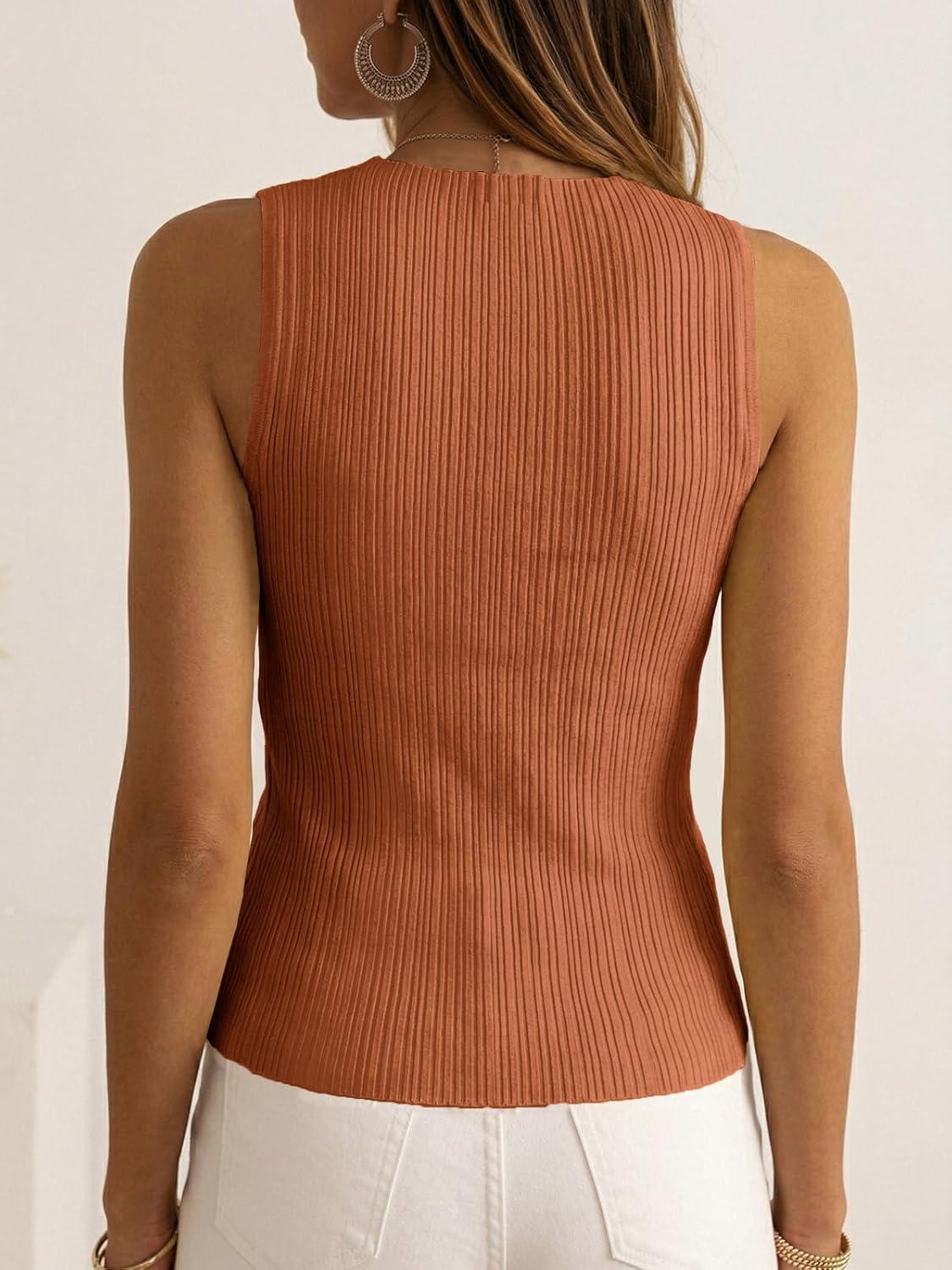 image:imageSaodimallsu Womens Sleeveless Sweater Vest 2026 Summer Crew Neck Ribbed Knit Slim Fitted Basic Tank TopsBrick Red