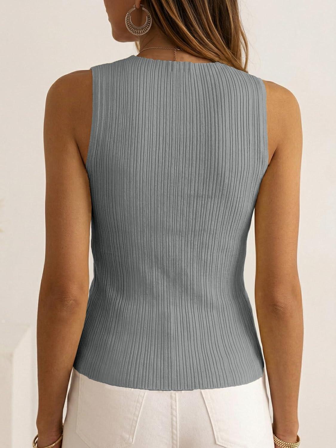 image:imageSaodimallsu Womens Sleeveless Sweater Vest 2026 Summer Crew Neck Ribbed Knit Slim Fitted Basic Tank TopsGray