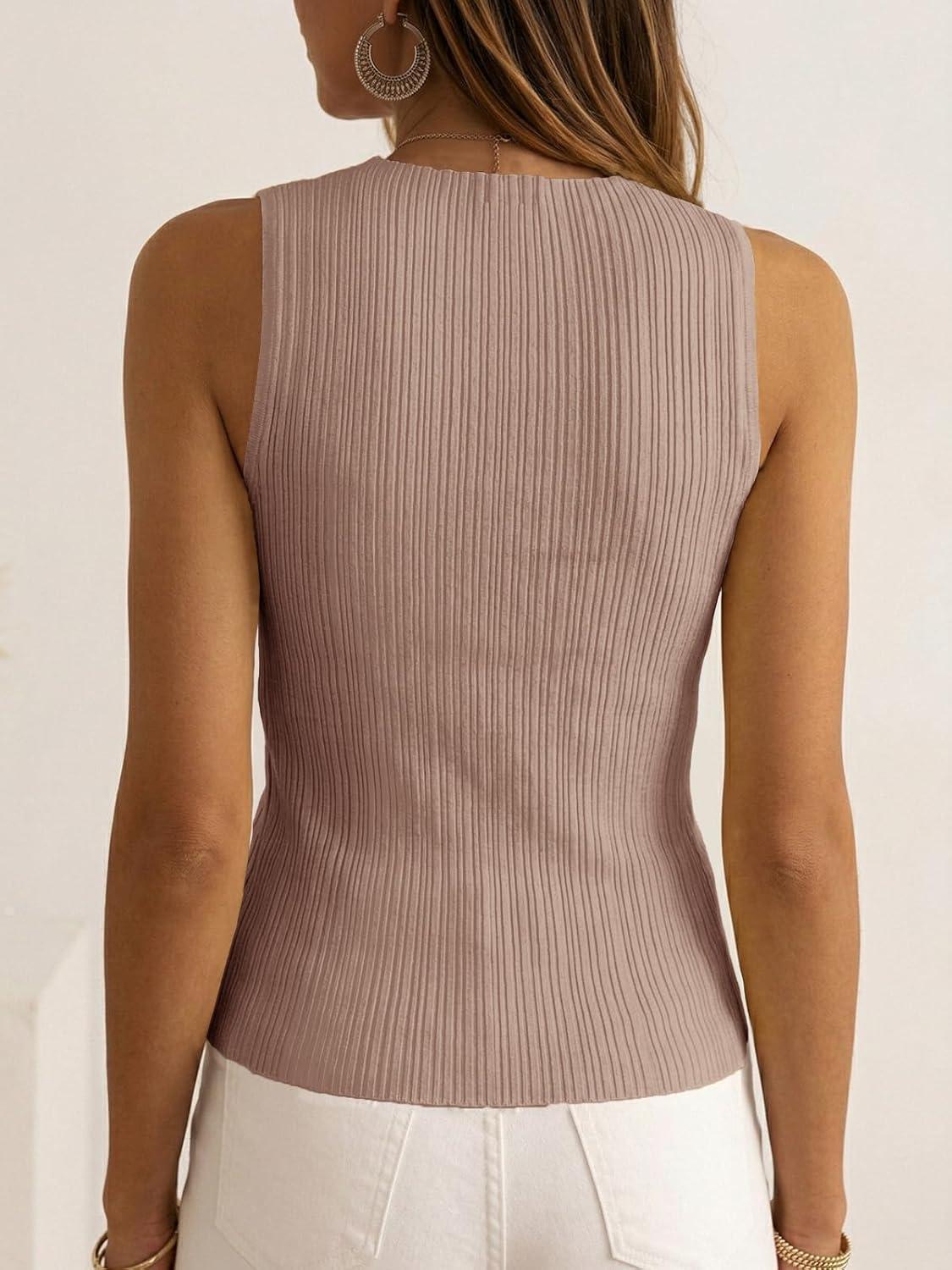 image:imageSaodimallsu Womens Sleeveless Sweater Vest 2026 Summer Crew Neck Ribbed Knit Slim Fitted Basic Tank TopsKhaki