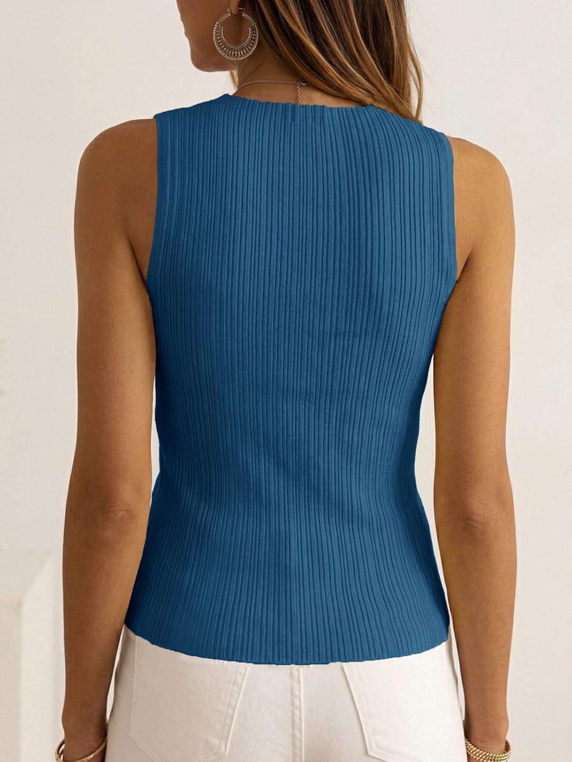 image:imageSaodimallsu Womens Sleeveless Sweater Vest 2026 Summer Crew Neck Ribbed Knit Slim Fitted Basic Tank TopsNavy Blue