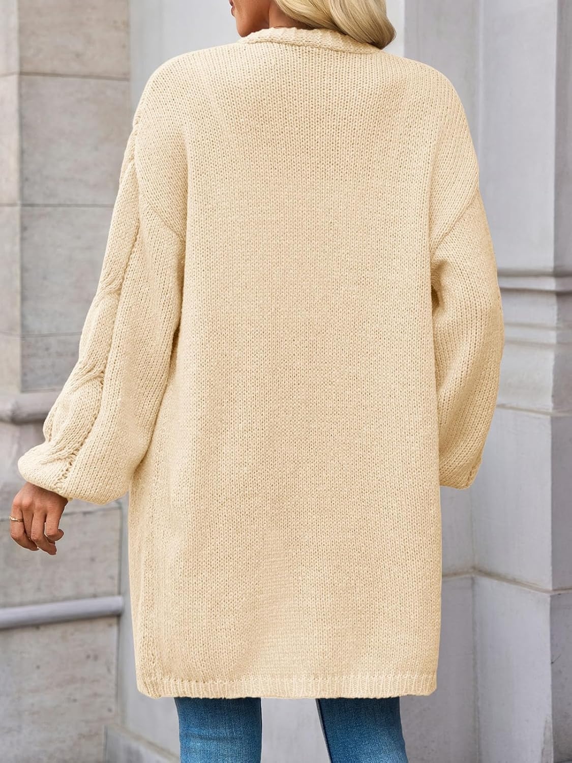 image:imageSaodimallsu Womens Fall Cable Long Cardigans Lantern Sleeve Knit Open Front Chunky Loose Fit Sweater Coats