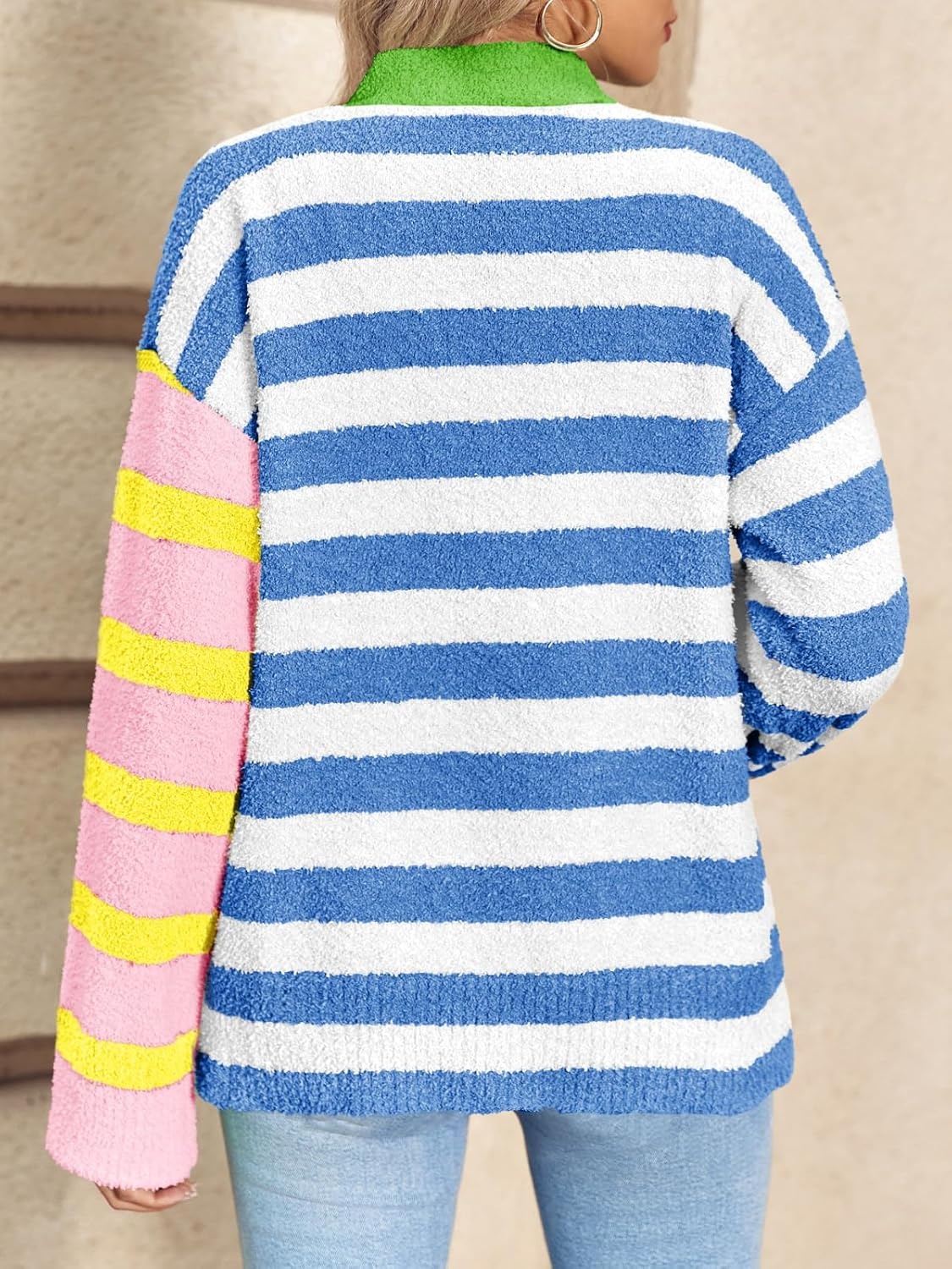 image:imageSaodimallsu Womens Striped Cardigan Sweaters V Neck Open Front Button Up Color Block Fuzzy Loose Knit Coats