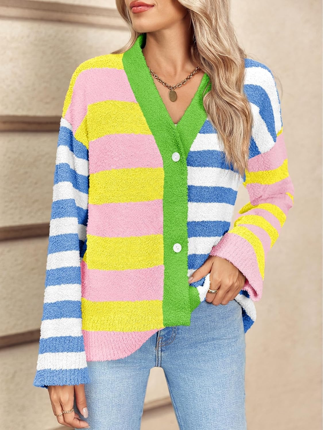 image:imageSaodimallsu Womens Striped Cardigan Sweaters V Neck Open Front Button Up Color Block Fuzzy Loose Knit Coats
