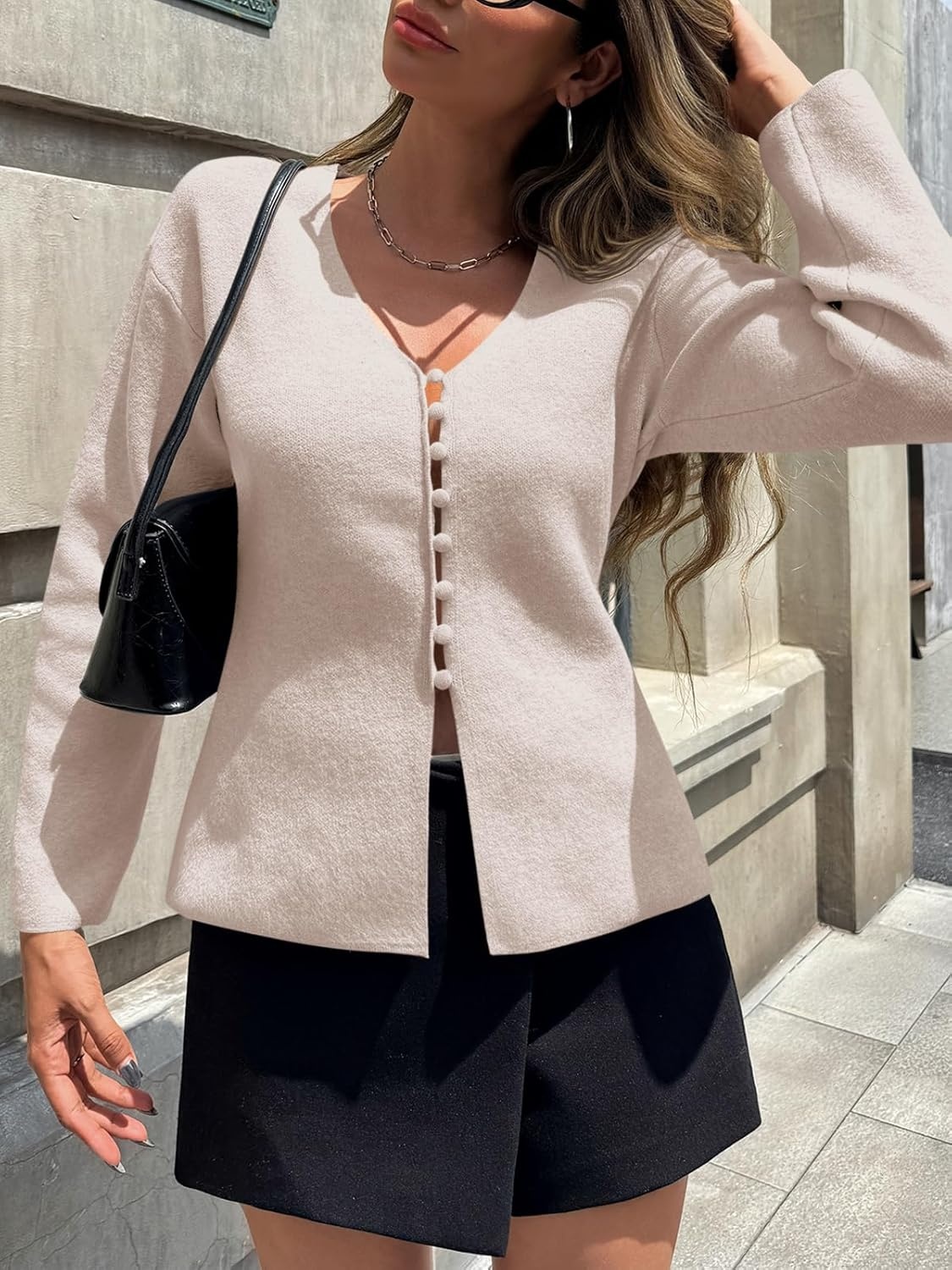 image:imageSaodimallsu Womens V Neck Cardigan Sweaters Button Up Fall Trendy Front Split Long Sleeve Sweater Blazer