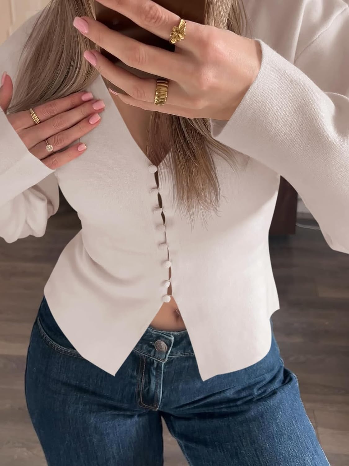 image:imageSaodimallsu Womens V Neck Cardigan Sweaters Button Up Fall Trendy Front Split Long Sleeve Sweater Blazer
