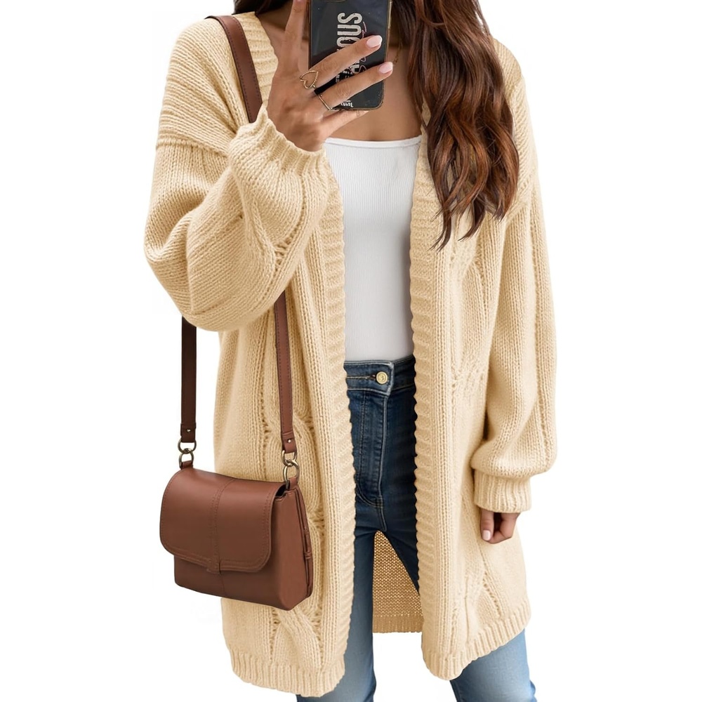 image:imageSaodimallsu Womens Fall Cable Long Cardigans Lantern Sleeve Knit Open Front Chunky Loose Fit Sweater Coats