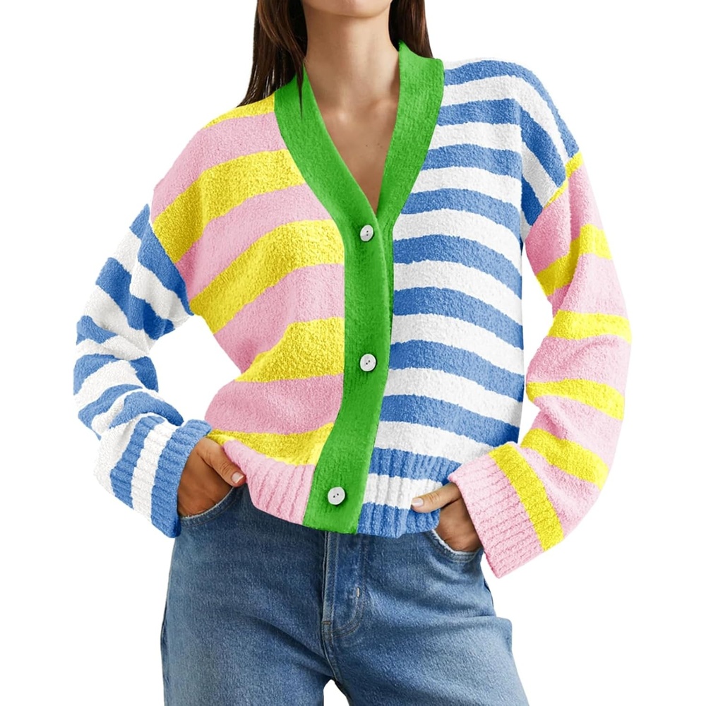 image:imageSaodimallsu Womens Striped Cardigan Sweaters V Neck Open Front Button Up Color Block Fuzzy Loose Knit Coats