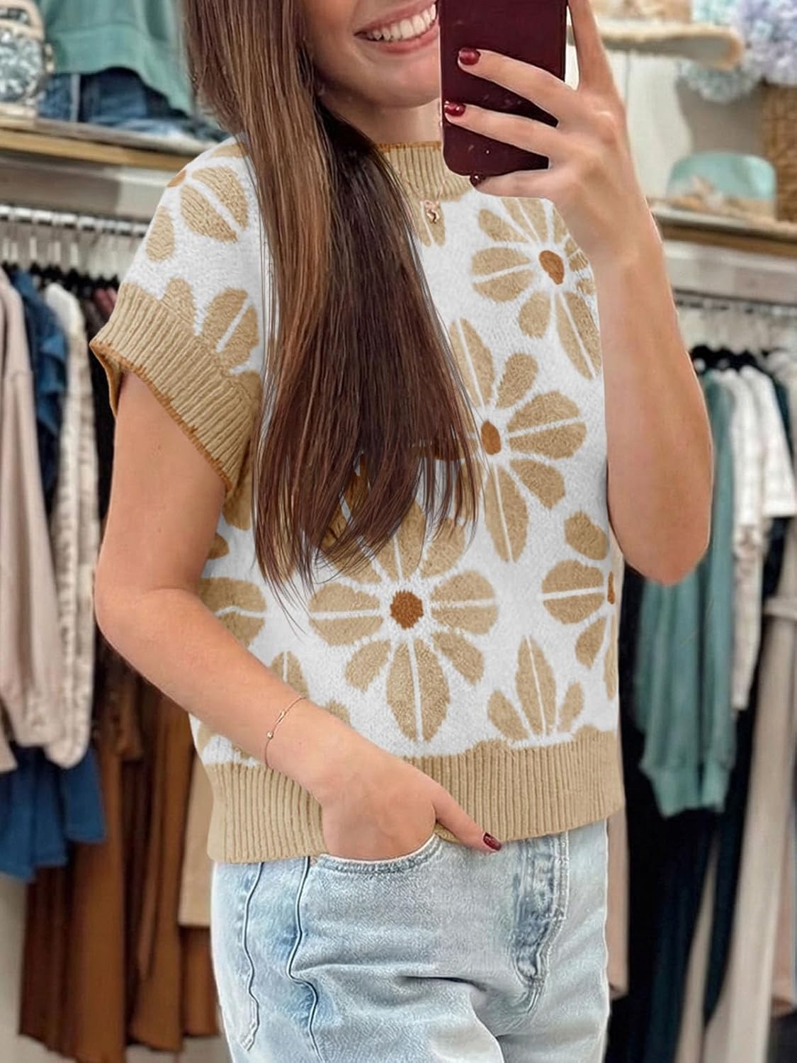 image:imageSaodimallsu Womens Floral Sweater Tops Short Sleeve Vintage Crew Neck Loose Knit Summer Pullover SweatersApricot
