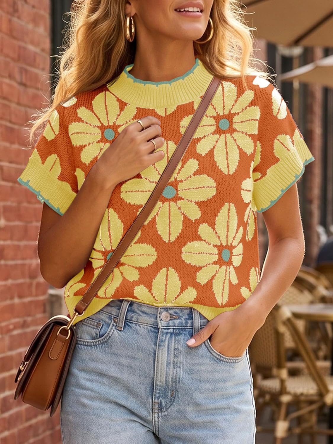 image:imageSaodimallsu Womens Floral Sweater Tops Short Sleeve Vintage Crew Neck Loose Knit Summer Pullover SweatersBright Orange