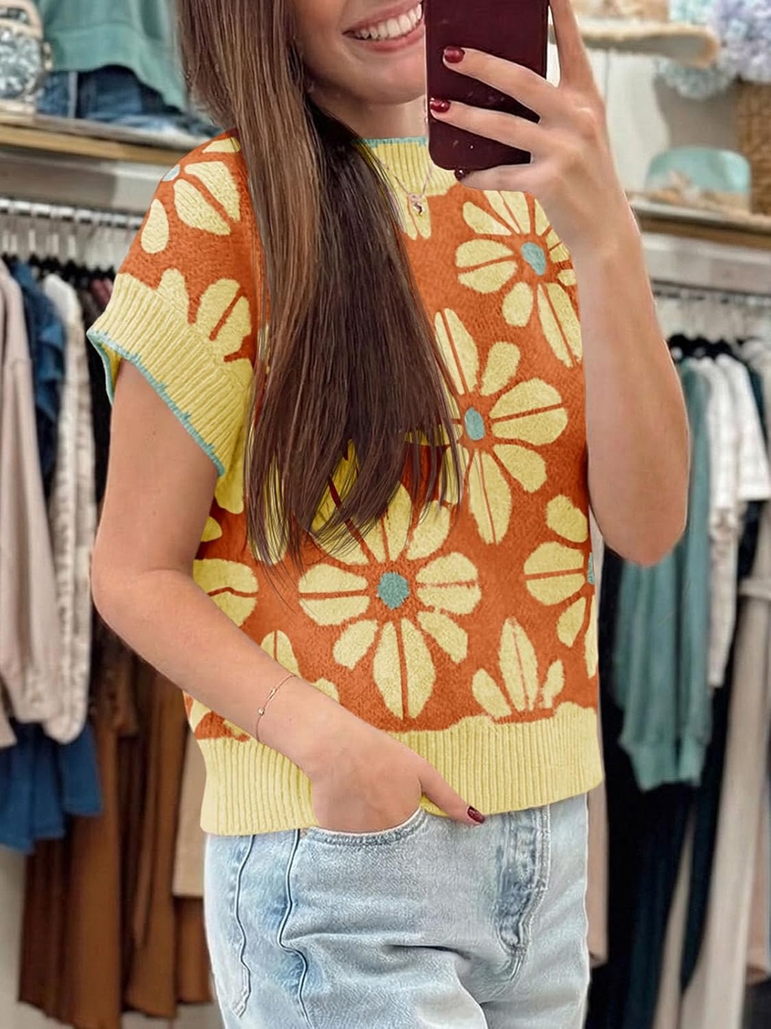 image:imageSaodimallsu Womens Floral Sweater Tops Short Sleeve Vintage Crew Neck Loose Knit Summer Pullover SweatersBright Orange