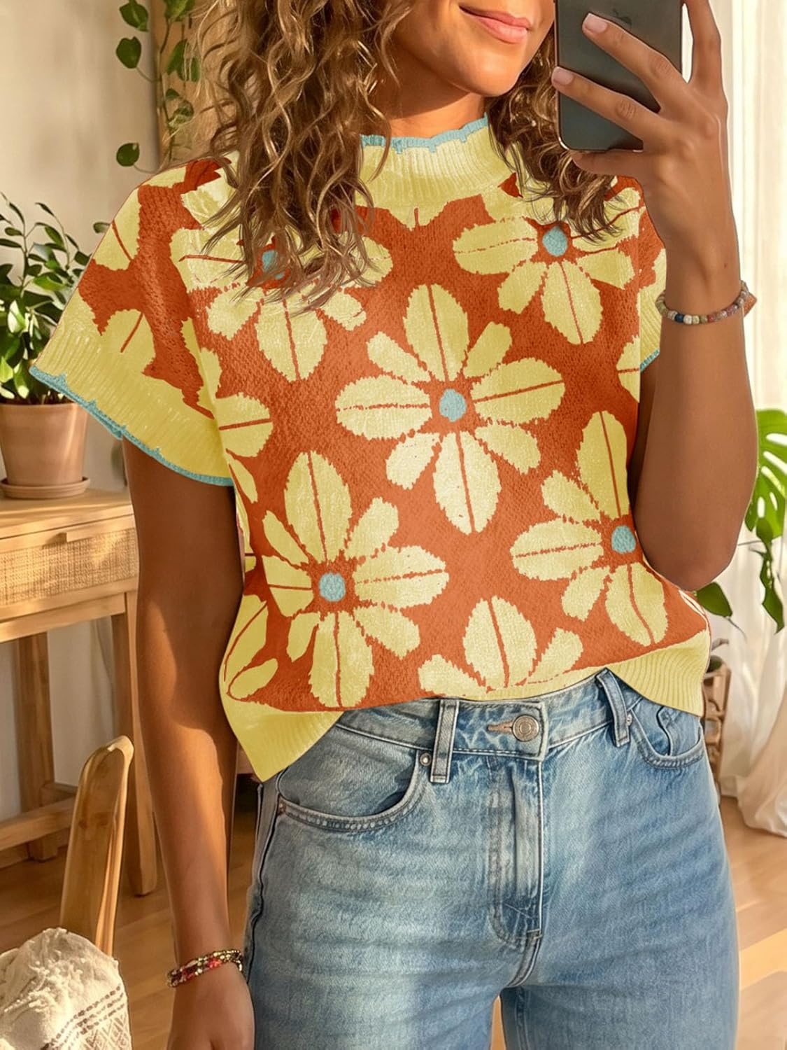 image:imageSaodimallsu Womens Floral Sweater Tops Short Sleeve Vintage Crew Neck Loose Knit Summer Pullover SweatersBright Orange
