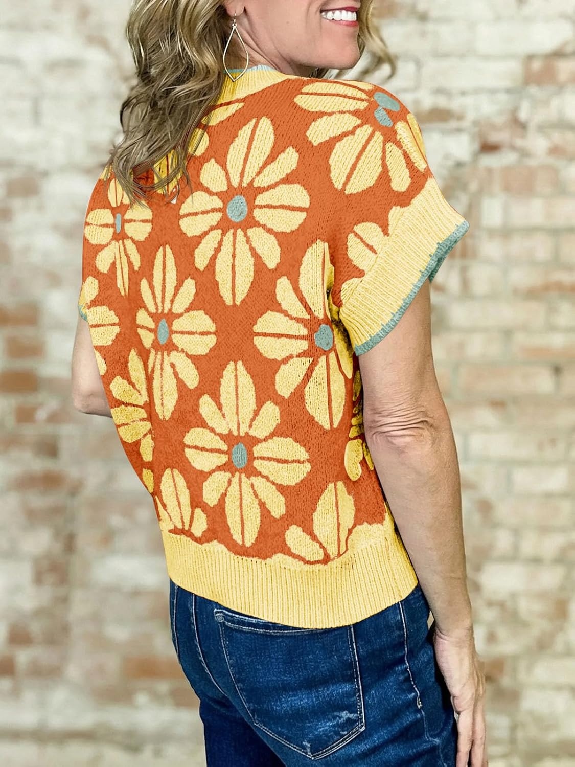 image:imageSaodimallsu Womens Floral Sweater Tops Short Sleeve Vintage Crew Neck Loose Knit Summer Pullover SweatersBright Orange