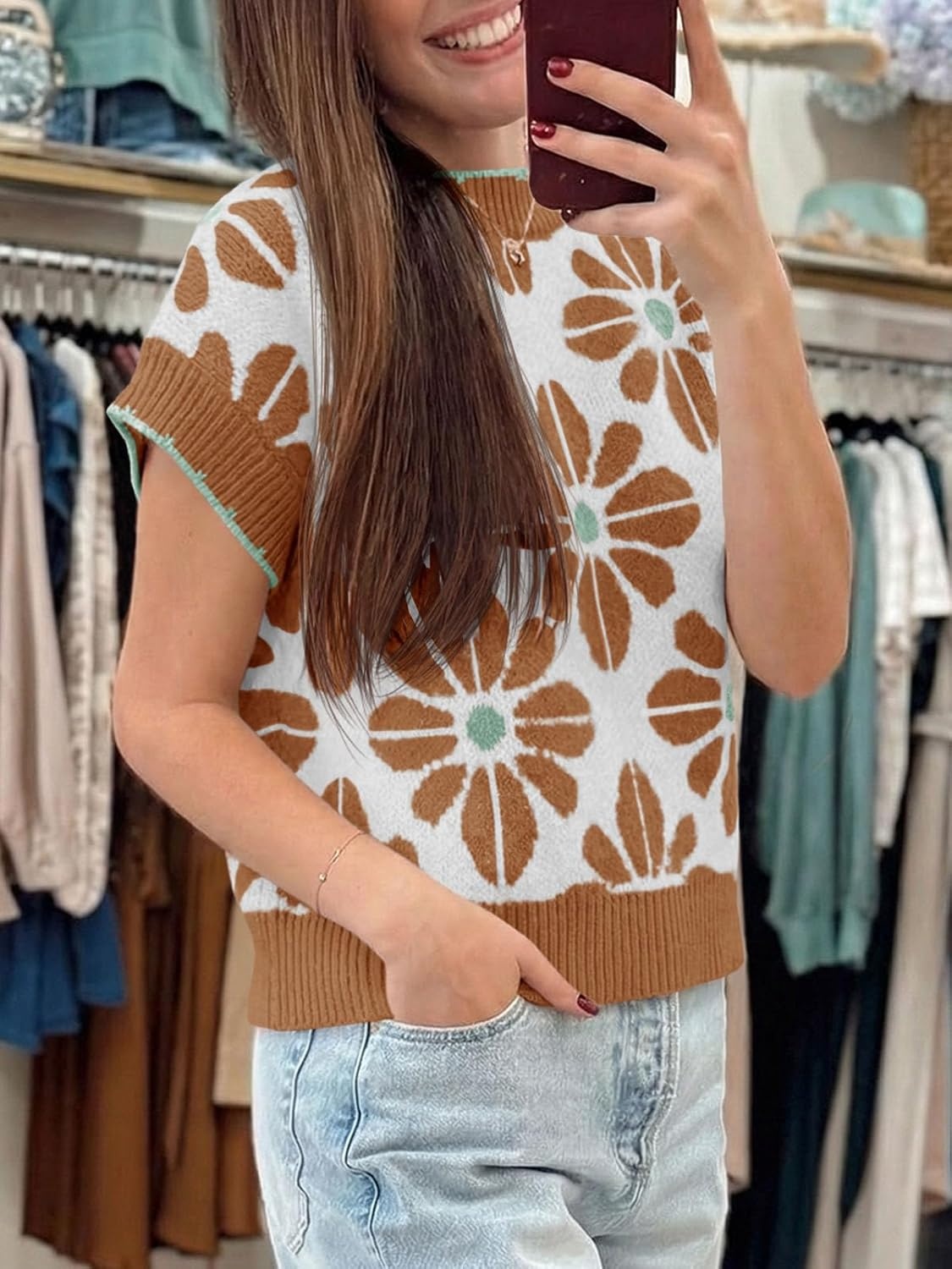 image:imageSaodimallsu Womens Floral Sweater Tops Short Sleeve Vintage Crew Neck Loose Knit Summer Pullover SweatersBrown
