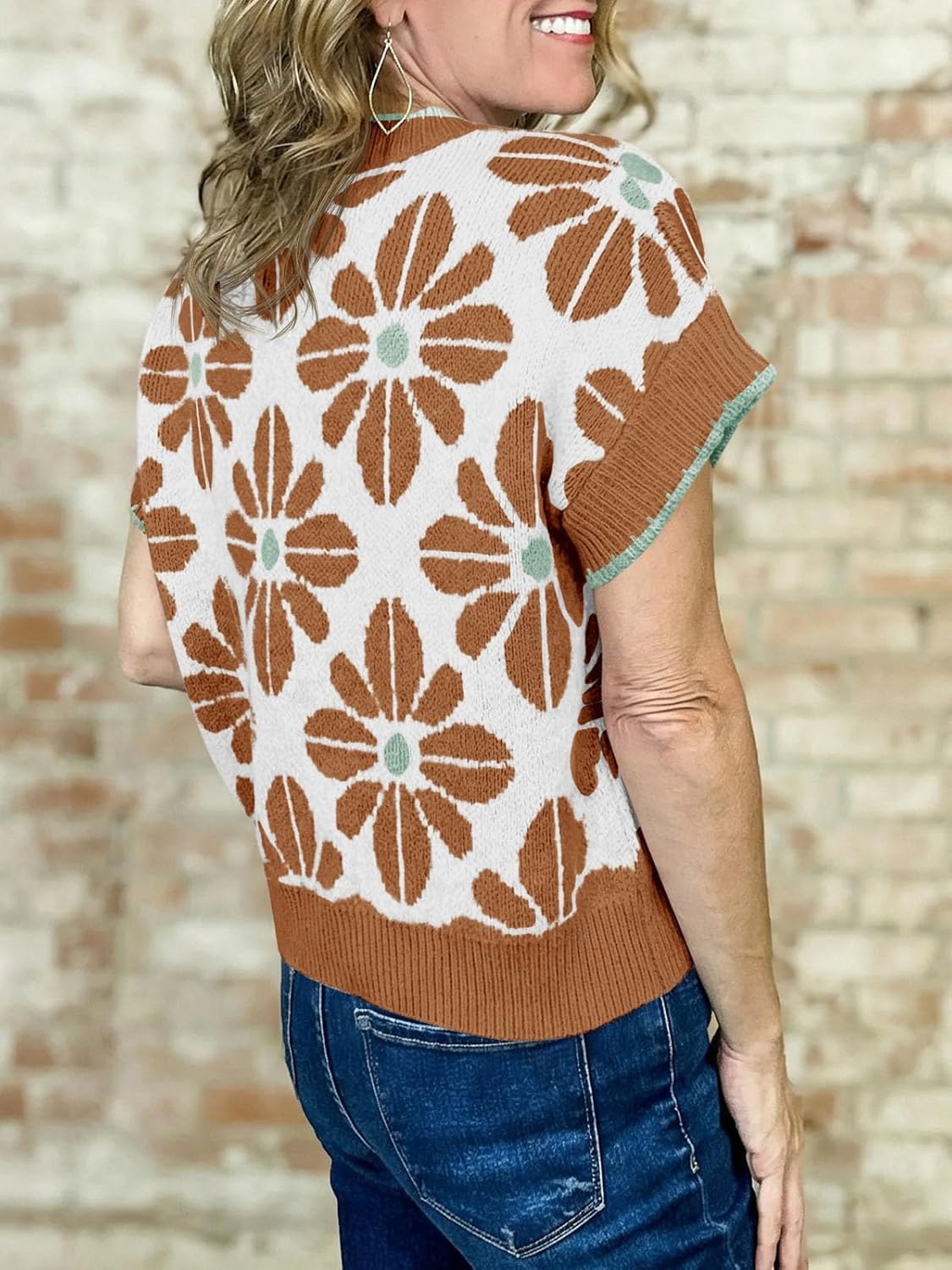 image:imageSaodimallsu Womens Floral Sweater Tops Short Sleeve Vintage Crew Neck Loose Knit Summer Pullover SweatersBrown