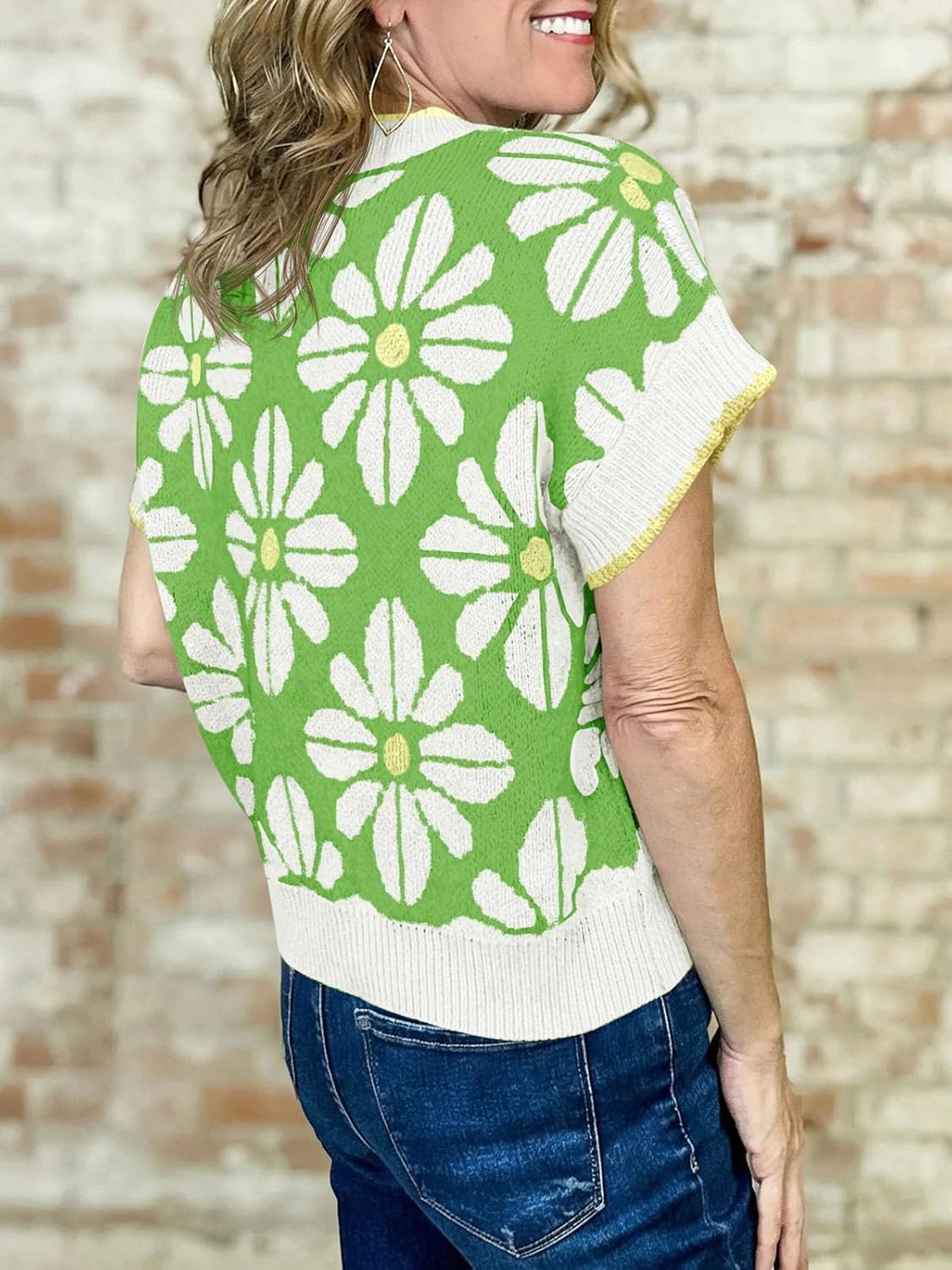 image:imageSaodimallsu Womens Floral Sweater Tops Short Sleeve Vintage Crew Neck Loose Knit Summer Pullover SweatersLight Green