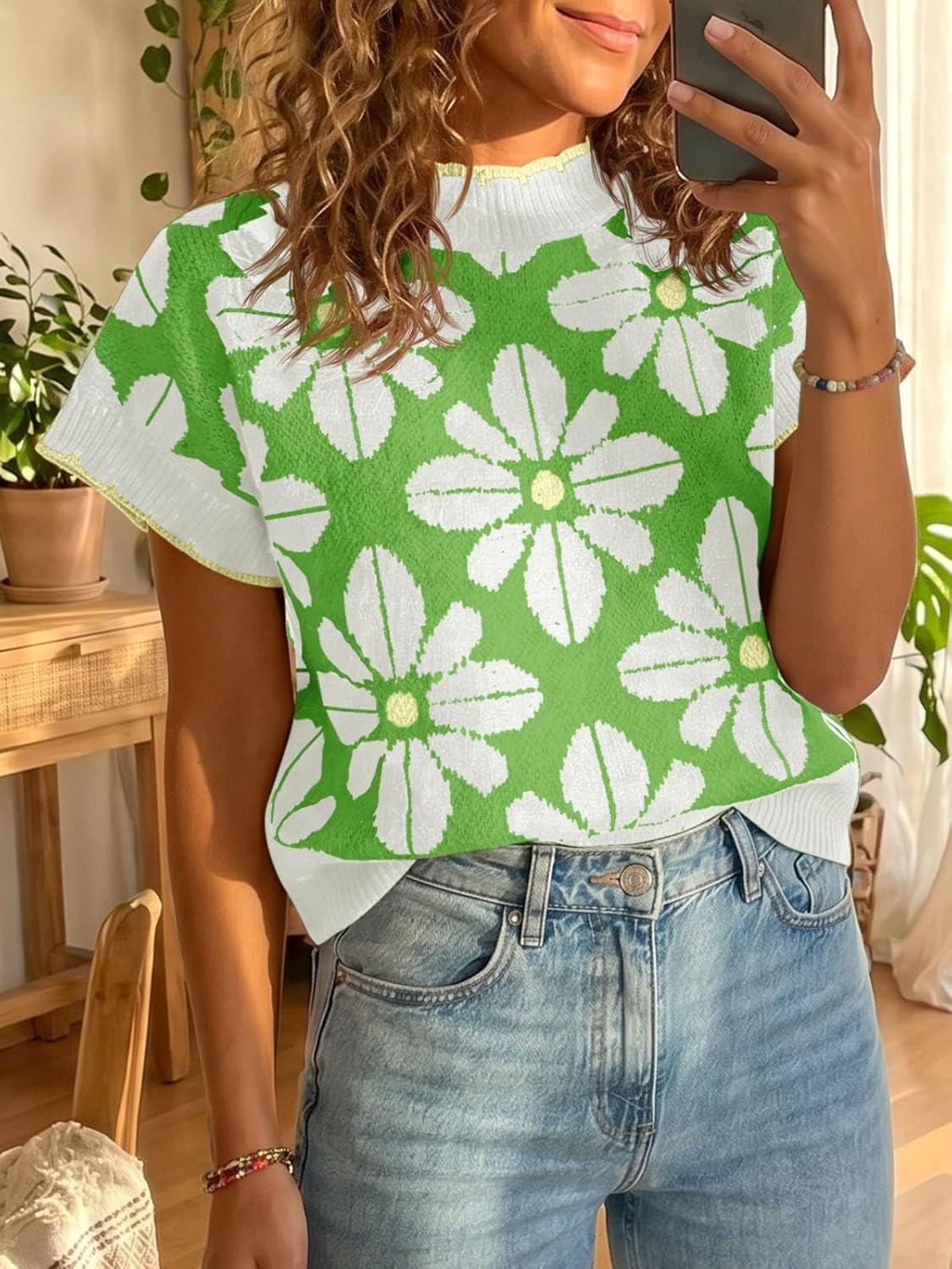 image:imageSaodimallsu Womens Floral Sweater Tops Short Sleeve Vintage Crew Neck Loose Knit Summer Pullover SweatersLight Green