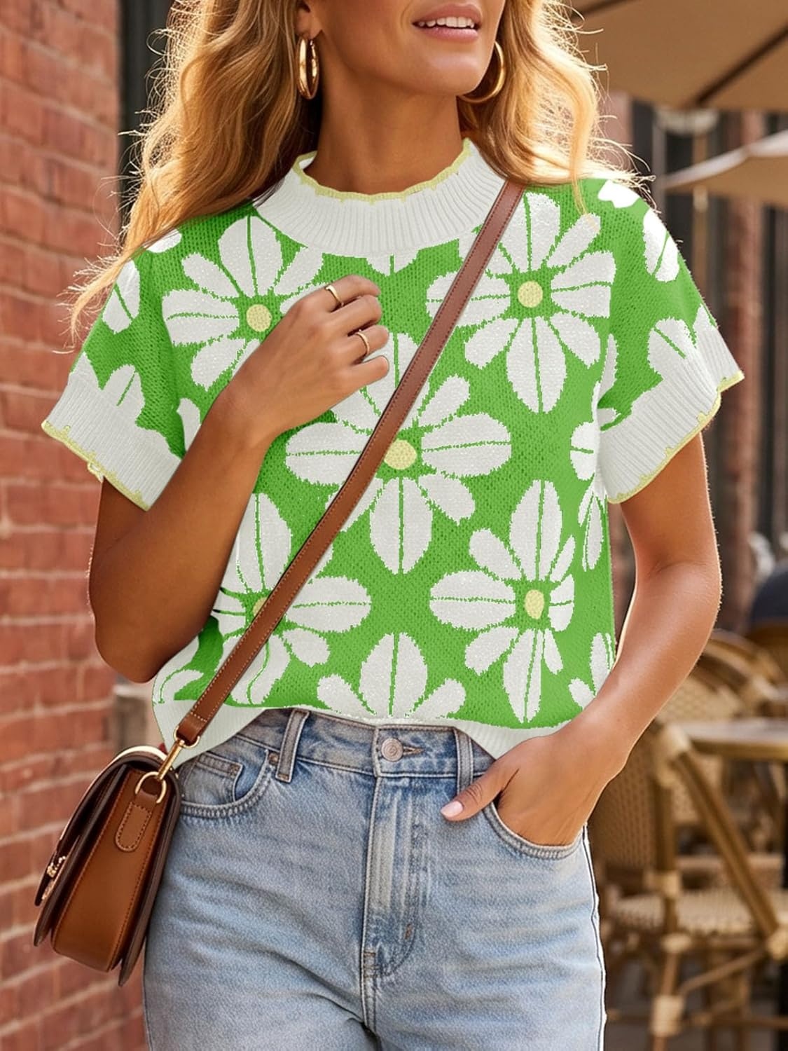 image:imageSaodimallsu Womens Floral Sweater Tops Short Sleeve Vintage Crew Neck Loose Knit Summer Pullover SweatersLight Green