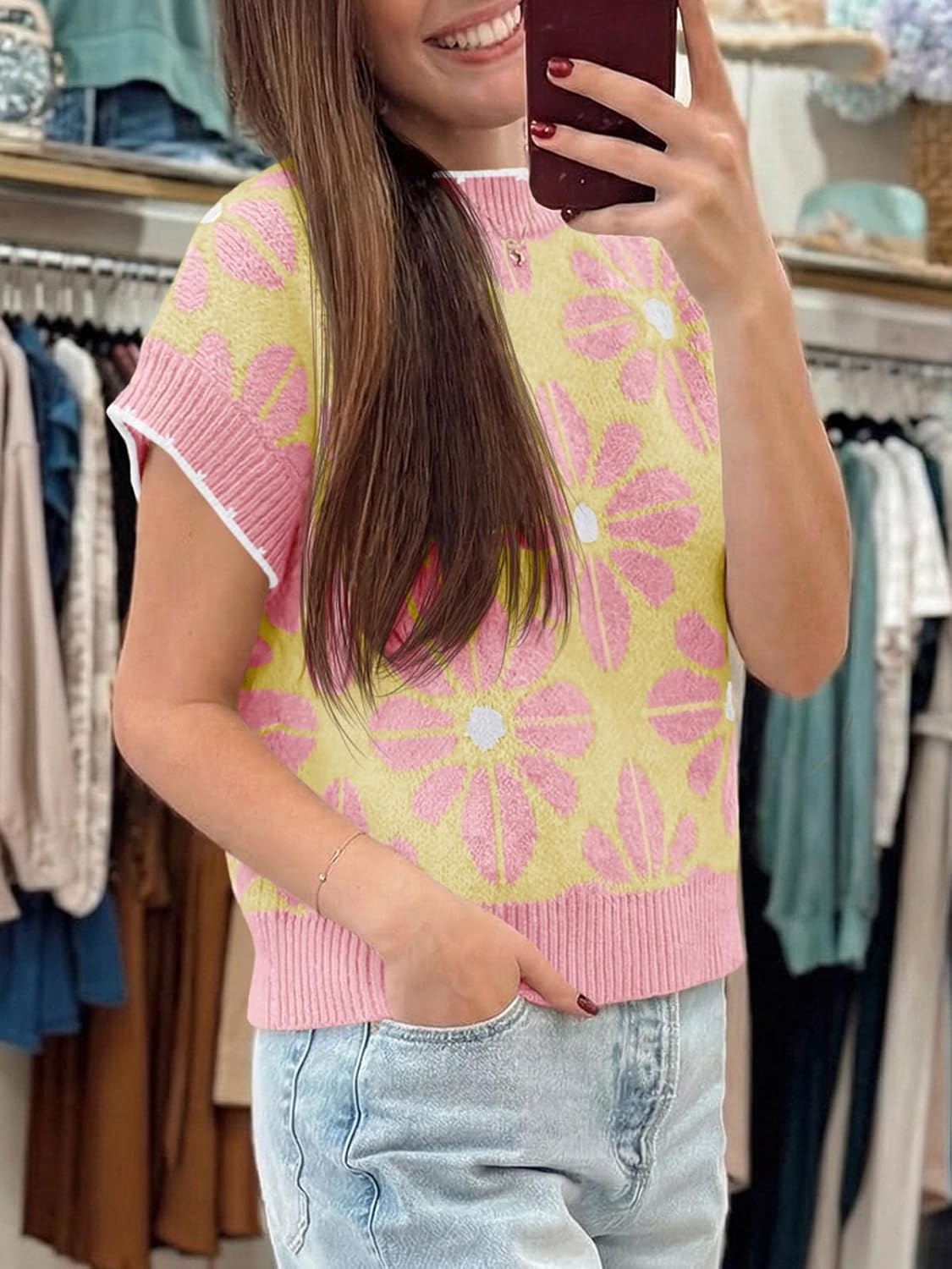 image:imageSaodimallsu Womens Floral Sweater Tops Short Sleeve Vintage Crew Neck Loose Knit Summer Pullover SweatersLight Pink