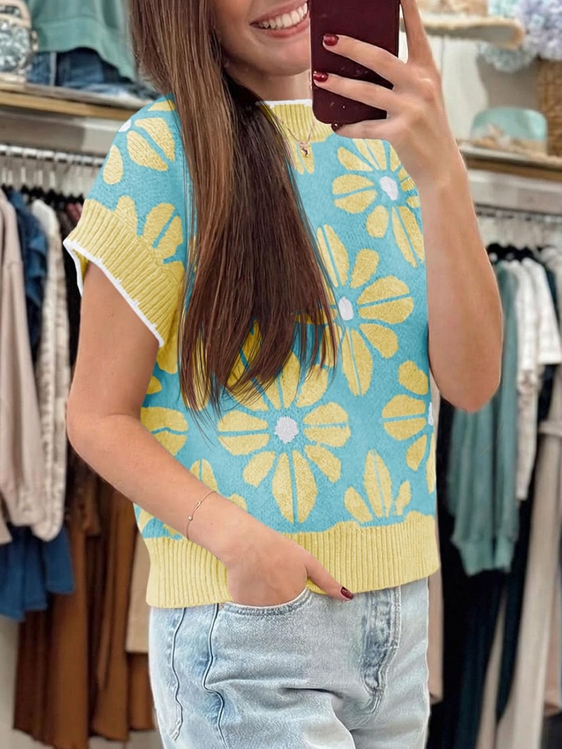 image:imageSaodimallsu Womens Floral Sweater Tops Short Sleeve Vintage Crew Neck Loose Knit Summer Pullover SweatersSky Blue