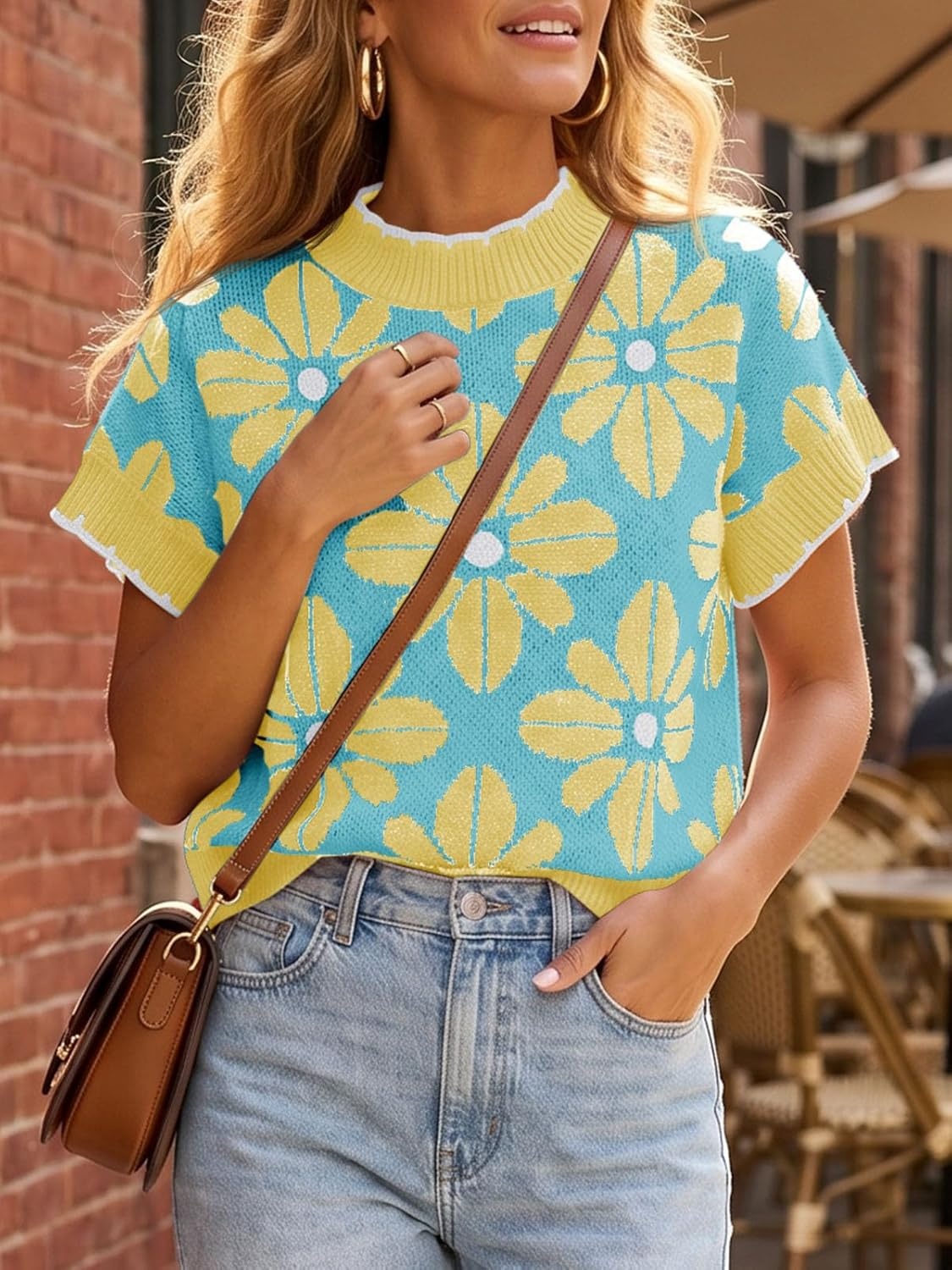 image:imageSaodimallsu Womens Floral Sweater Tops Short Sleeve Vintage Crew Neck Loose Knit Summer Pullover SweatersSky Blue