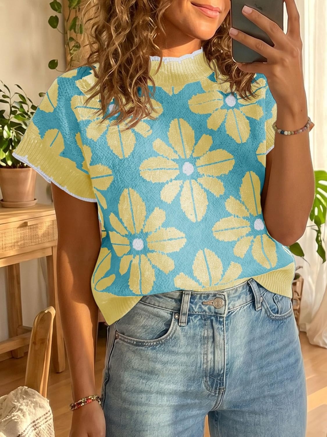 image:imageSaodimallsu Womens Floral Sweater Tops Short Sleeve Vintage Crew Neck Loose Knit Summer Pullover SweatersSky Blue